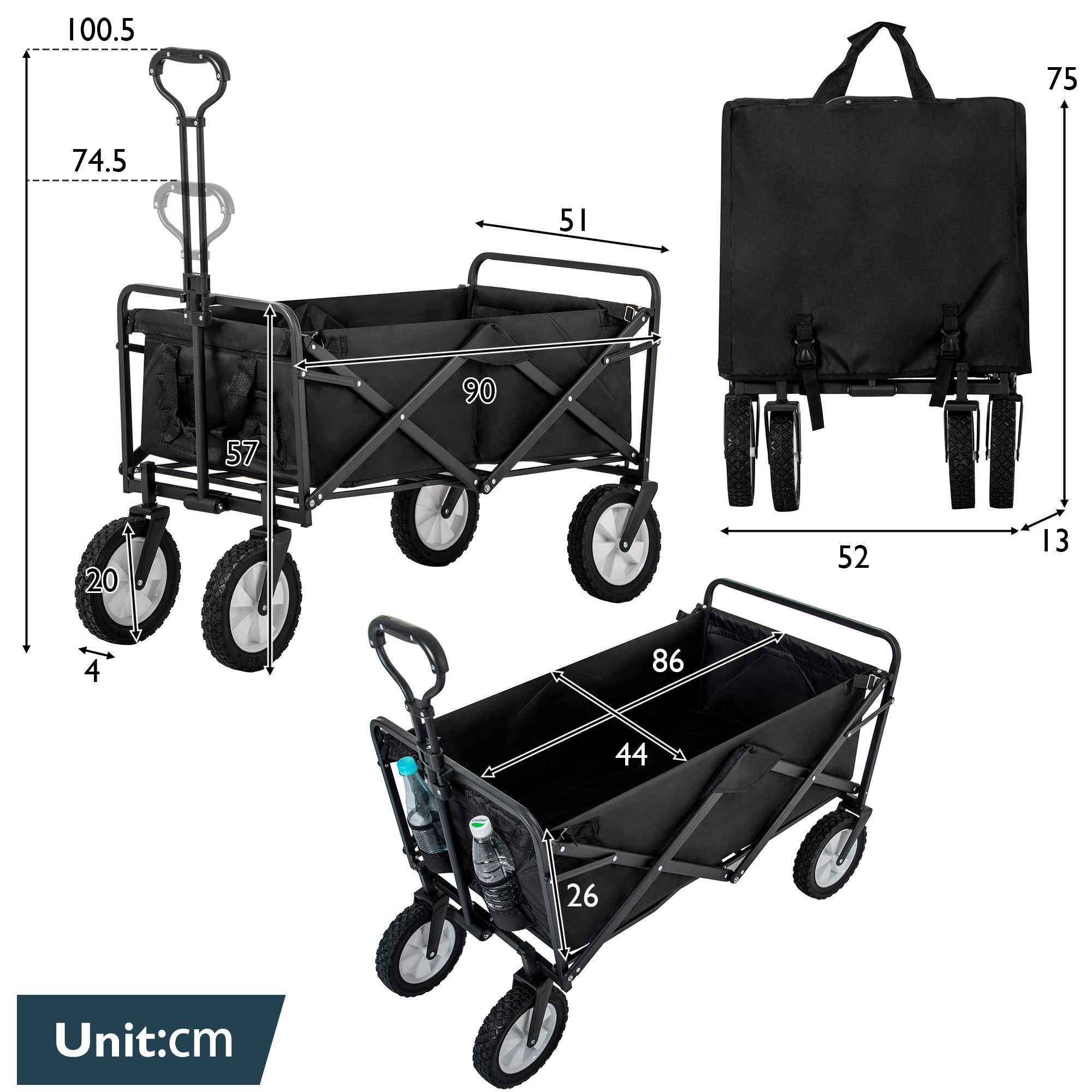 Diagramm eines schwarzen Klappwagens mit Abmessungen. Der Hintergrund ist weiß, mit Maßen in cm.