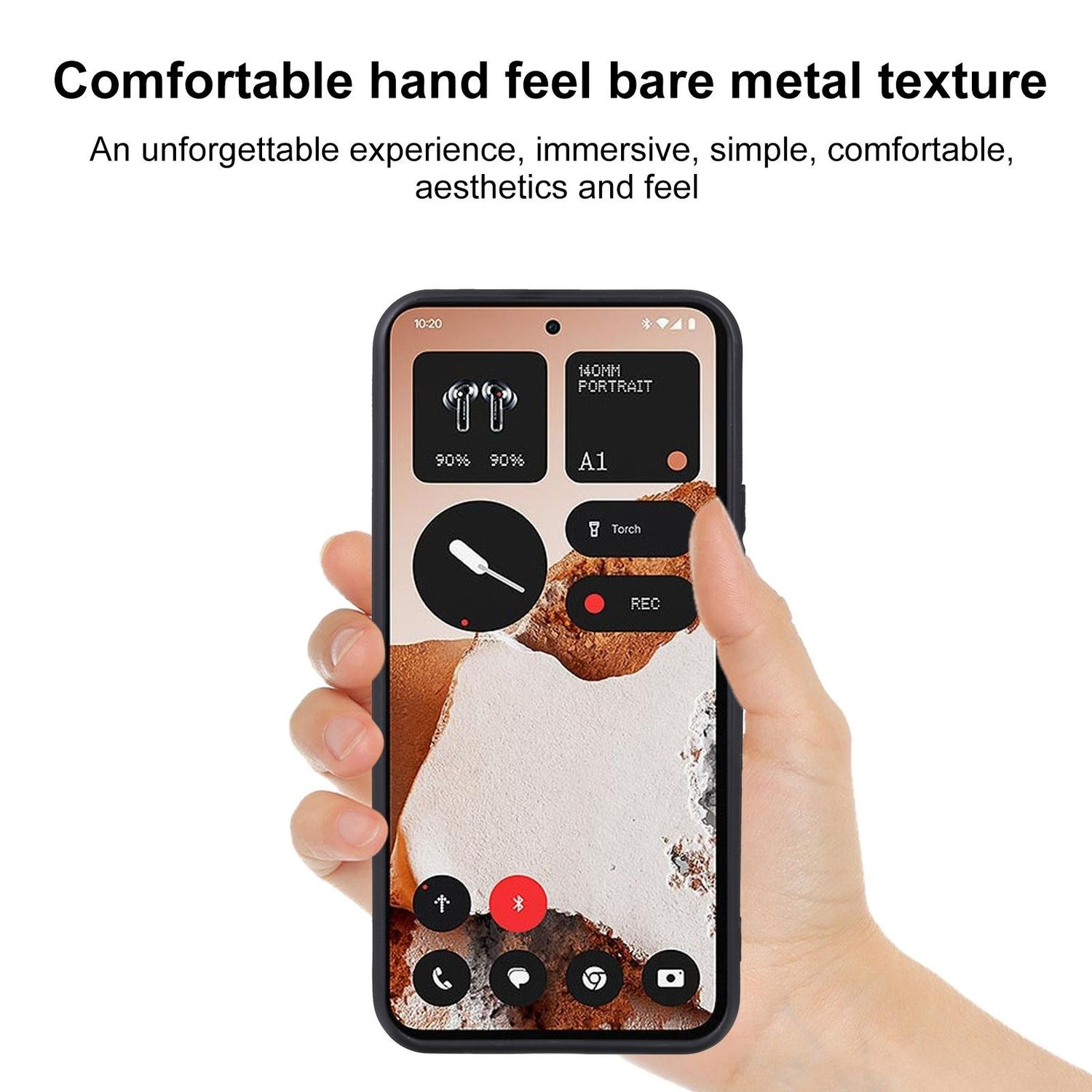 Eine Hand, die ein Telefon mit schwarzem Gehäuse hält. Der Telefonbildschirm zeigt Symbole.