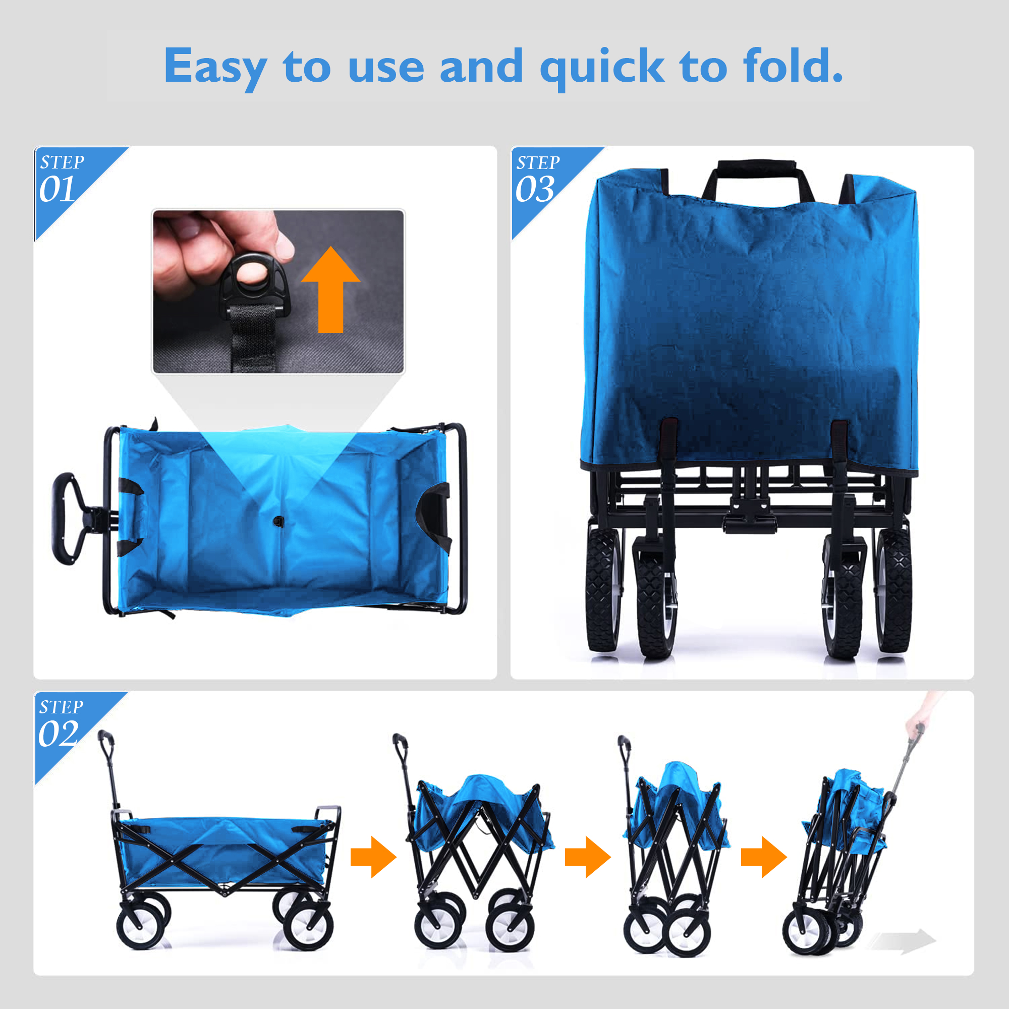 Diagramm, das zeigt, wie man einen blauen Wagen faltet. Schritte zeigen Falten und Entfalten.