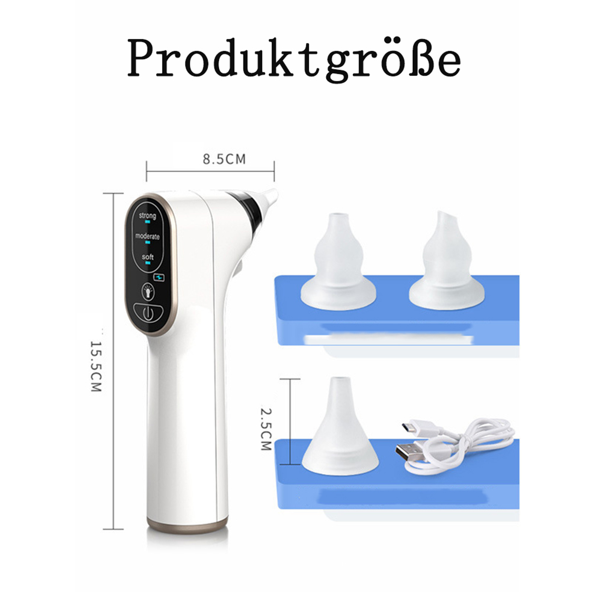 Ein weißes und graues Ohrreinigungsgerät mit Zubehör. Abmessungen werden angezeigt. Text: Produktgröße