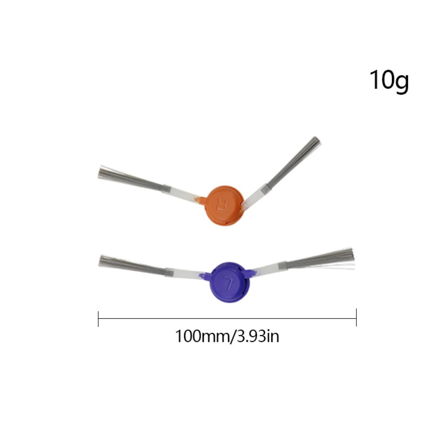 Zwei Roboter-Staubsaugerbürsten mit orangefarbenen und lilafarbenen Mittelpunkten, grauen Borsten. Text: 10g, 100mm/3.93in.
