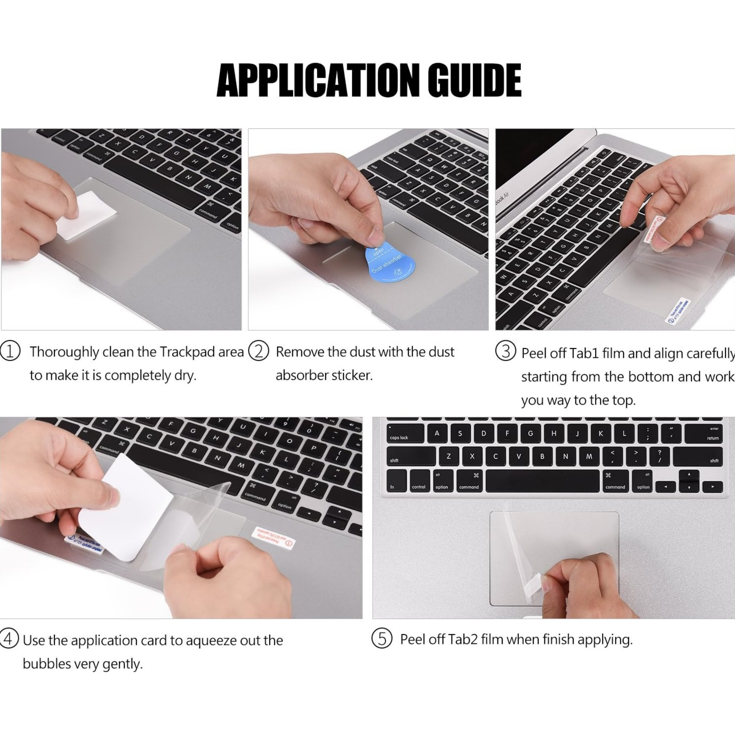Eine Anleitung zum Anbringen eines Displayschutzes auf einem Laptop-Trackpad. Anweisungen in fünf Schritten.