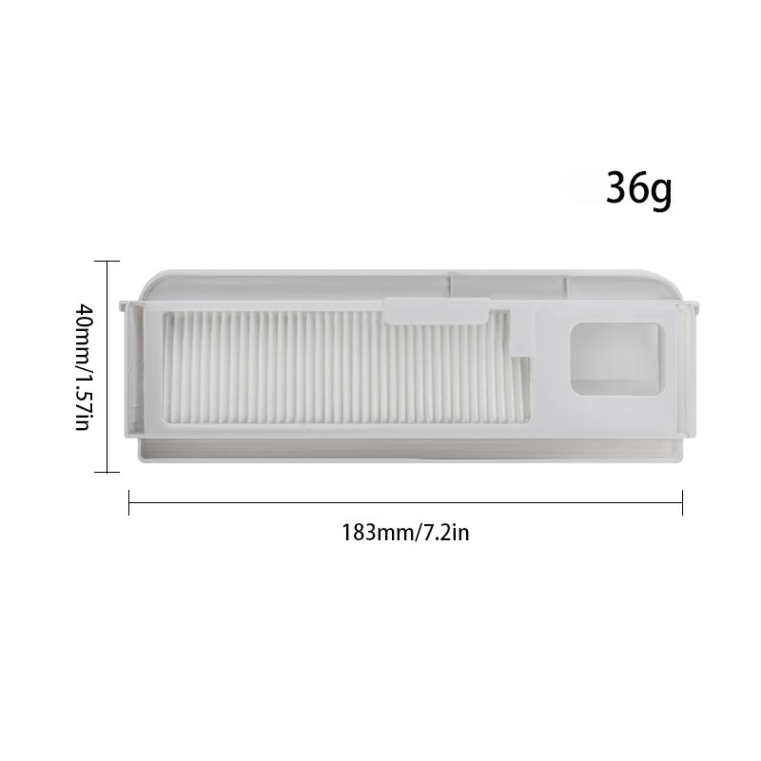 Ein weißer rechteckiger Filter mit schwarzem Filtermaterial im Inneren. Abmessungen werden angezeigt. Text: 36g, 183mm/7.2in.