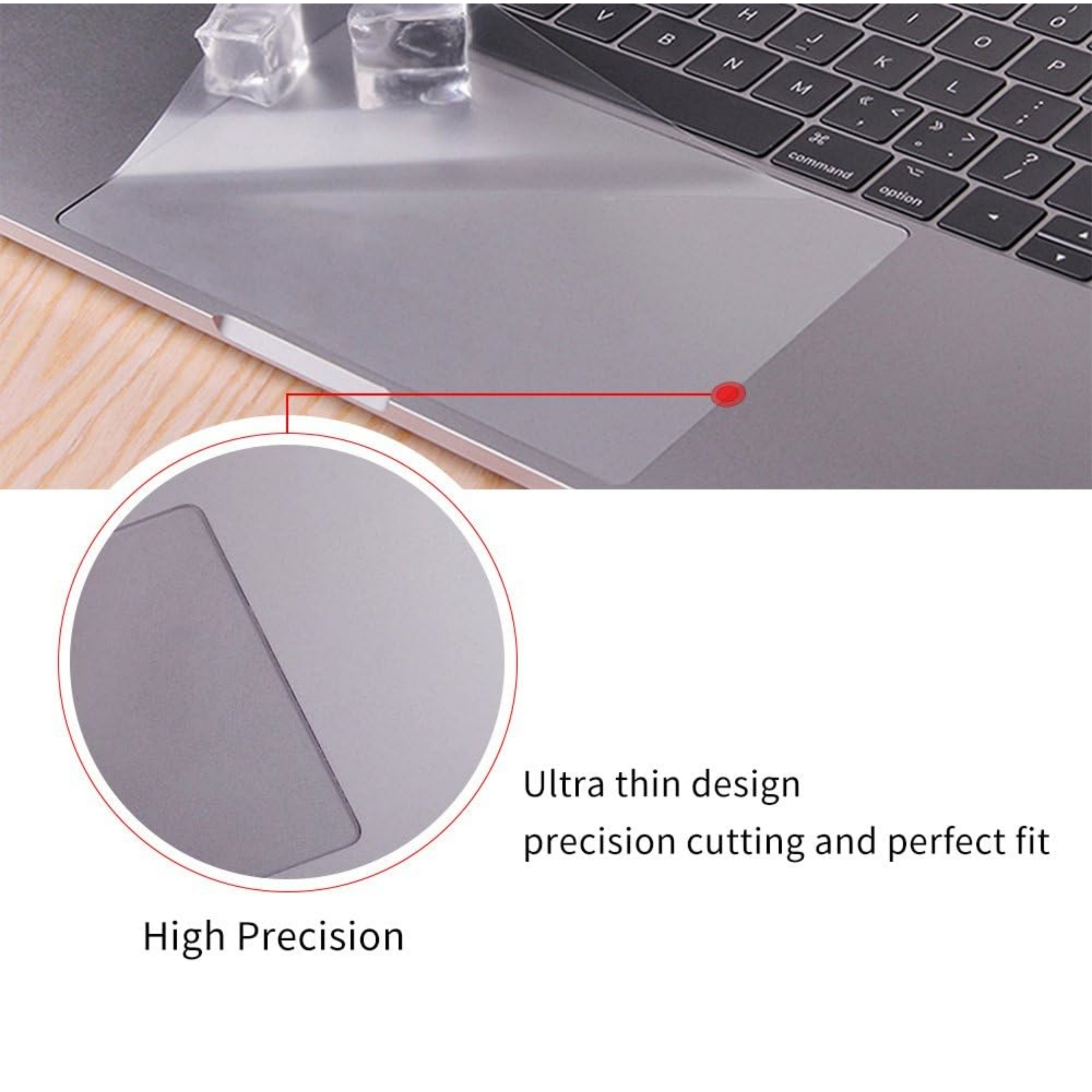 Eine Nahaufnahme eines Laptop-Trackpads mit aufgebrachter Displayschutzfolie. Text: Ultra dünnes Design, hohe Präzision.
