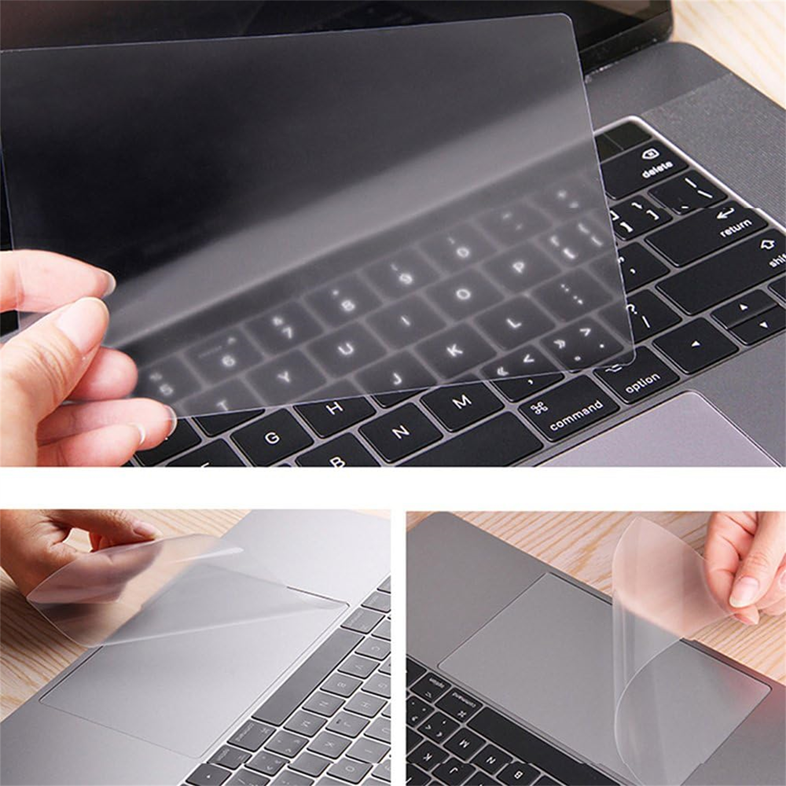 Hände, die eine Displayschutzfolie auf einem Laptop anbringen. Der Schutz befindet sich auf der Tastatur und dem Trackpad.