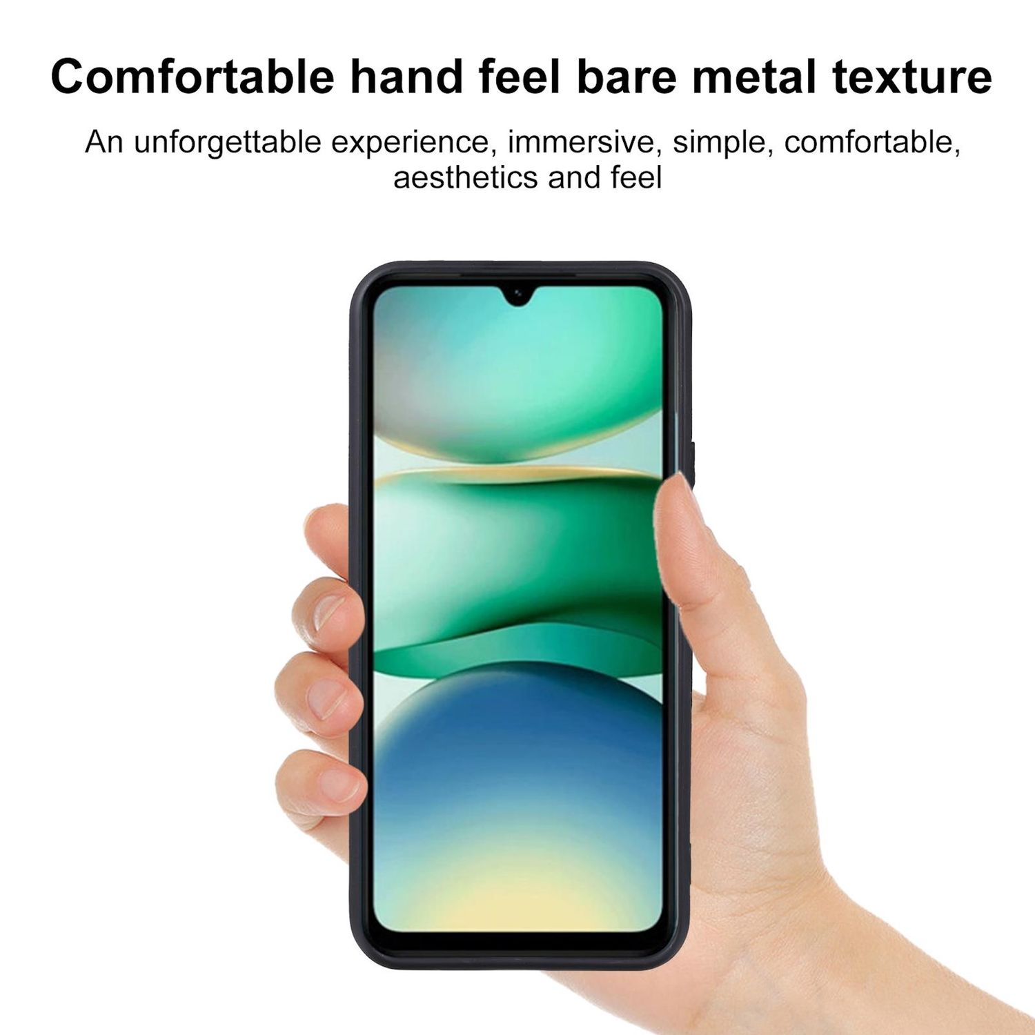 Hand hält schwarzes Smartphone mit grünem Hintergrund. Das Telefon ist schwarz mit Bildschirm.