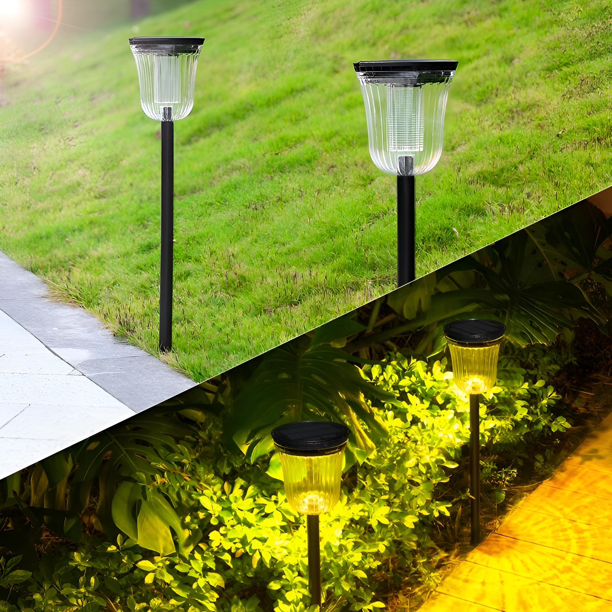 Solar-Gartenleuchten. Zwei Lichter auf dem Rasen, drei Lichter am Boden bei Nacht. Schwarze Pfähle und klare Oberteile.