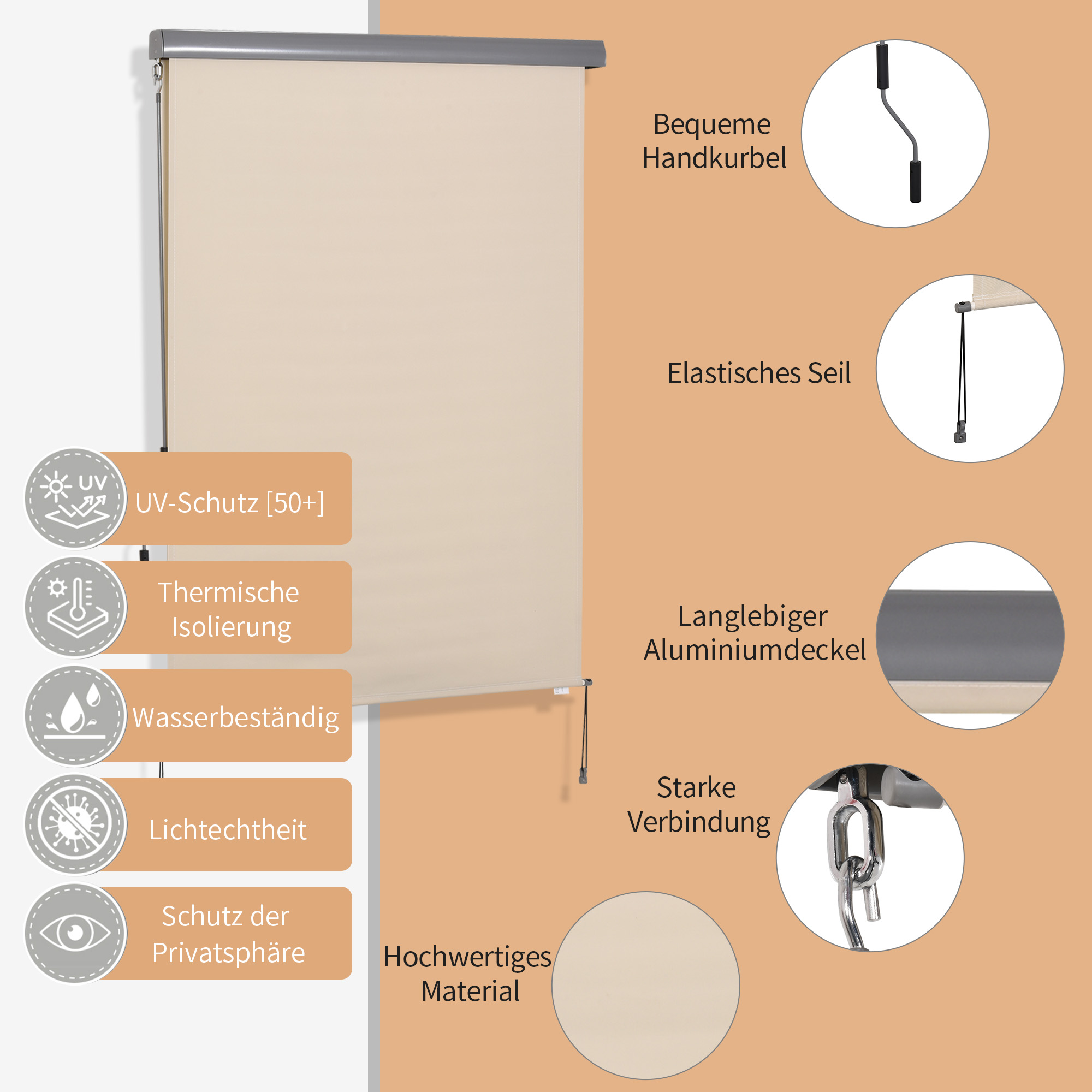Beige Rollos mit Merkmalen. Inklusive UV-Schutz, Wärmeisolierung, Wasserbeständigkeit, Lichtechtheit.