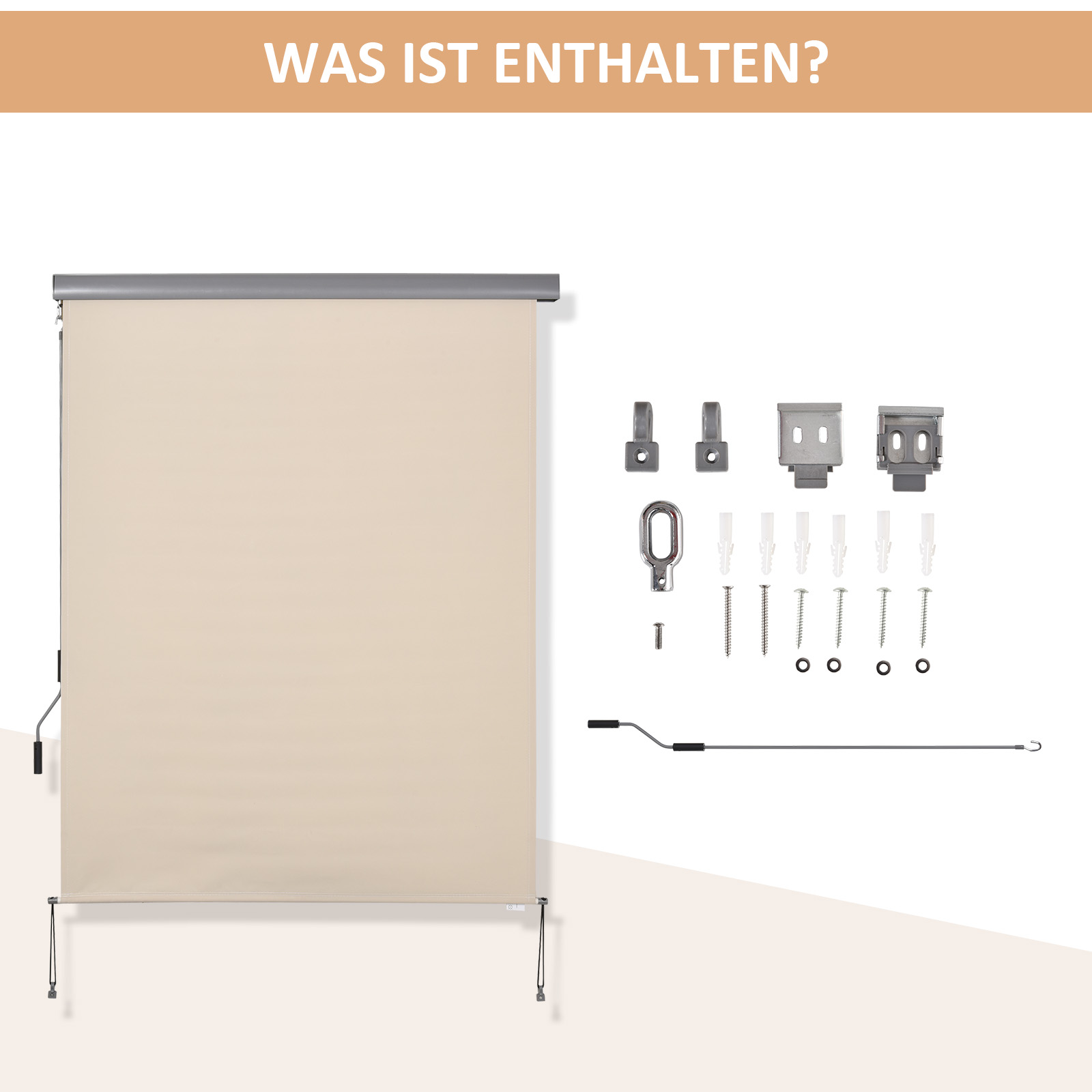 Beige Rollos und Komponenten: Halterungen, Schrauben, Kurbel, und andere Montageteile. Weißer Hintergrund.