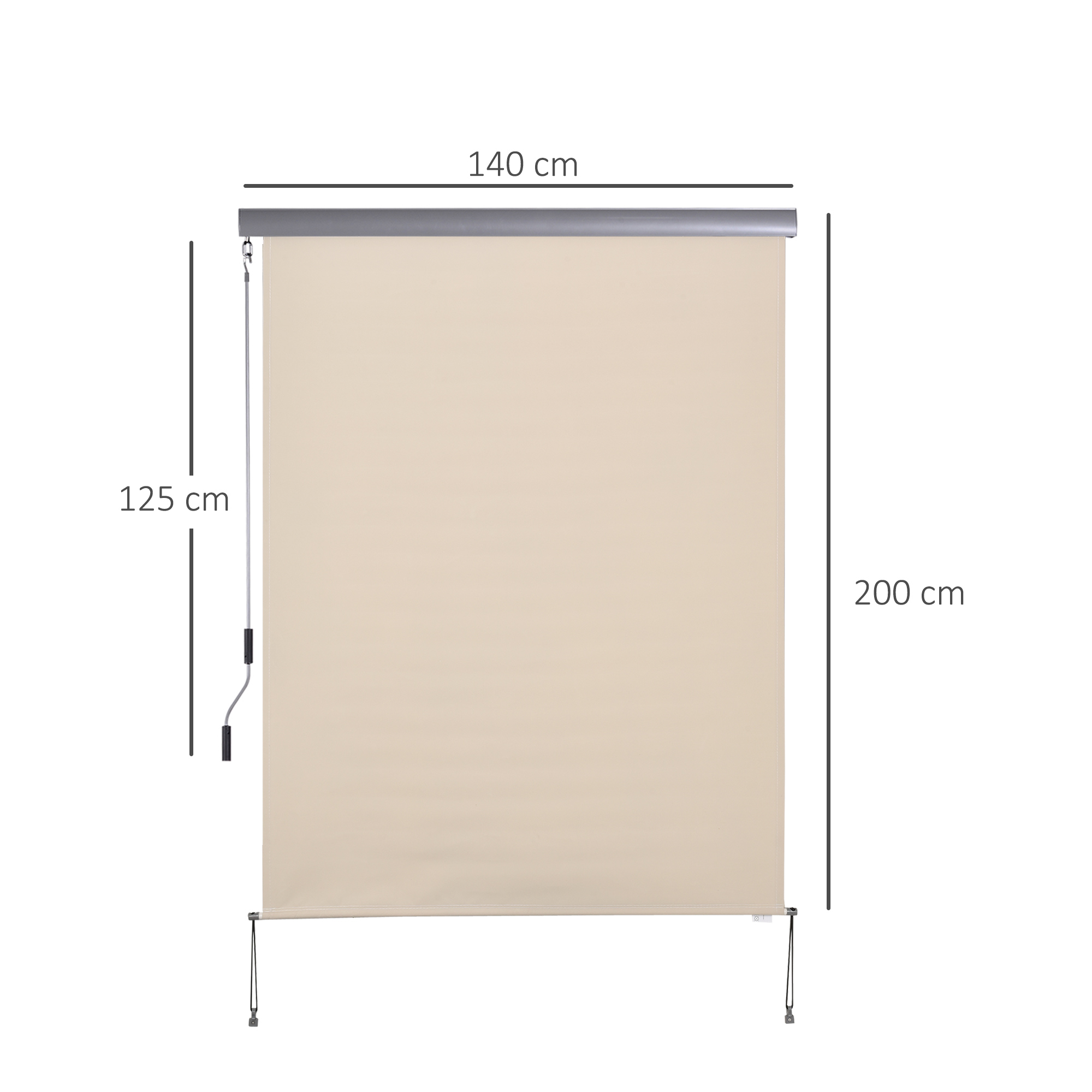 Beige Rollos, Abmessungen: 125cm Höhe, 140cm Breite, 200cm Fall. Grauer Balken oben.
