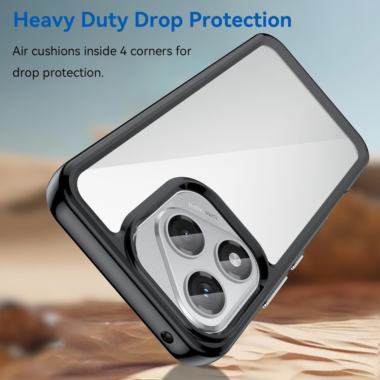 Eine Handyhülle mit durchsichtigem Rücken und schwarzen Rändern. Die Hülle befindet sich auf einer braunen Oberfläche. Der Text lautet 'Heavy Duty Drop Protection'.