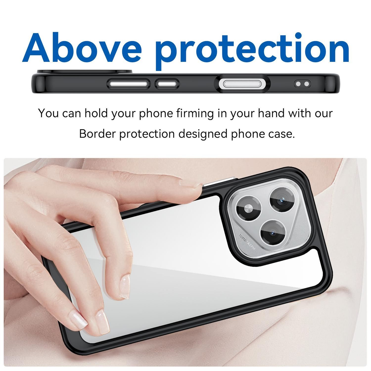 Eine Handyhülle mit durchsichtigem Rücken und schwarzem Rahmen. Der Text lautet 'Above protection'. Das Telefon wird in einer Hand gehalten.