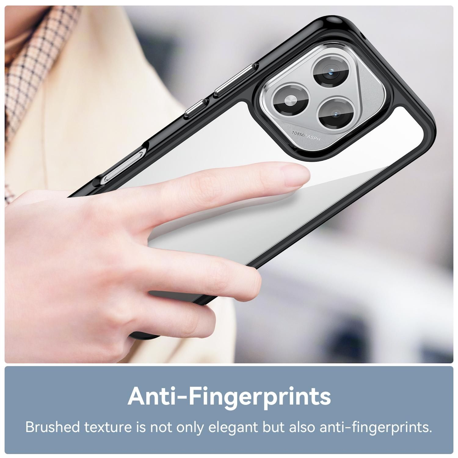 Eine Handyhülle mit durchsichtigem Rücken und schwarzem Rahmen. Der Text lautet 'Anti-Fingerprints'. Das Telefon wird in einer Hand gehalten.