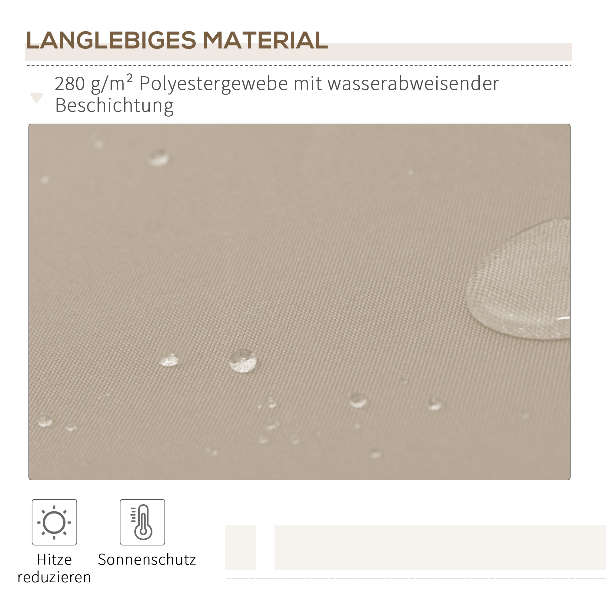 Nahaufnahme von beigem wasserdichtem Stoff mit Wassertropfen und Text über die Materialeigenschaften.