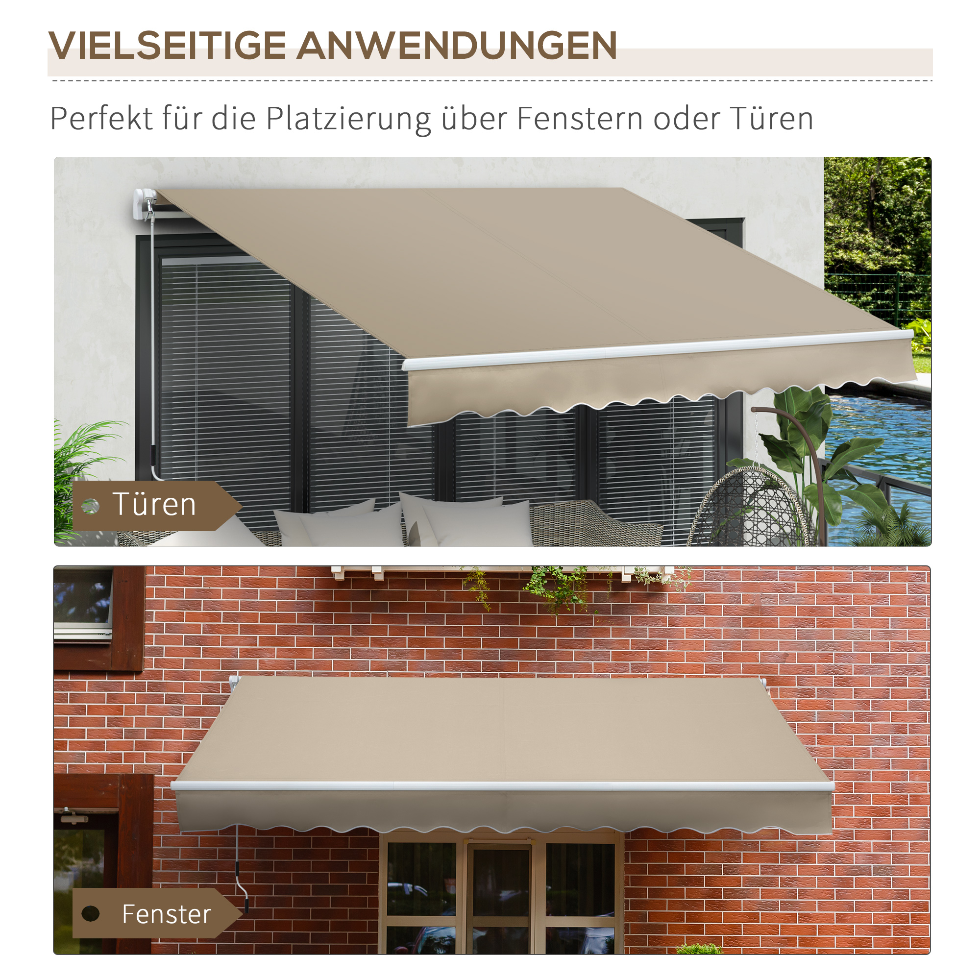 Zwei Bilder, die Markisen über Türen und Fenstern zeigen, mit Text auf Deutsch.