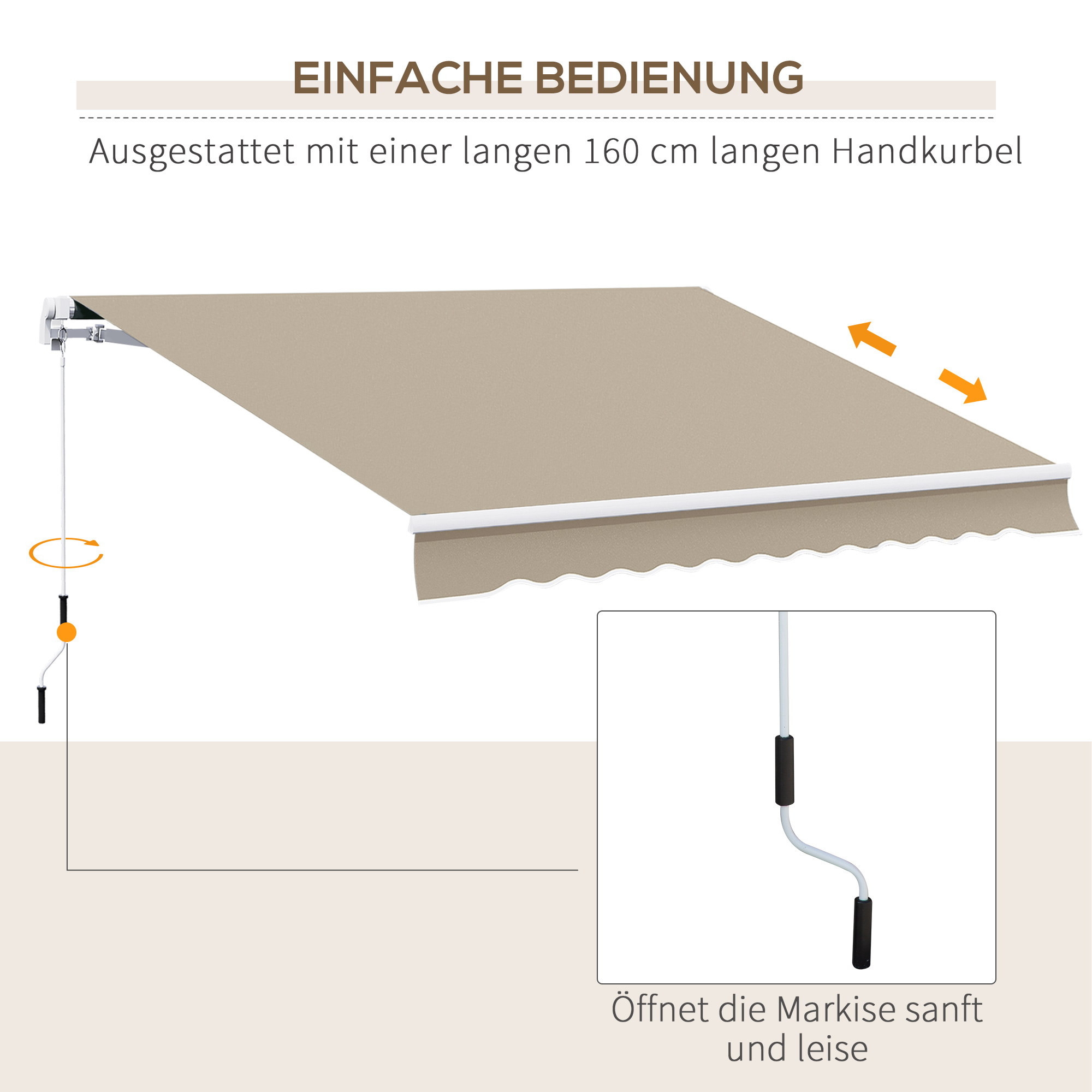 Eine Markise mit Kurbel, mit Text, der die einfache Bedienung zeigt.