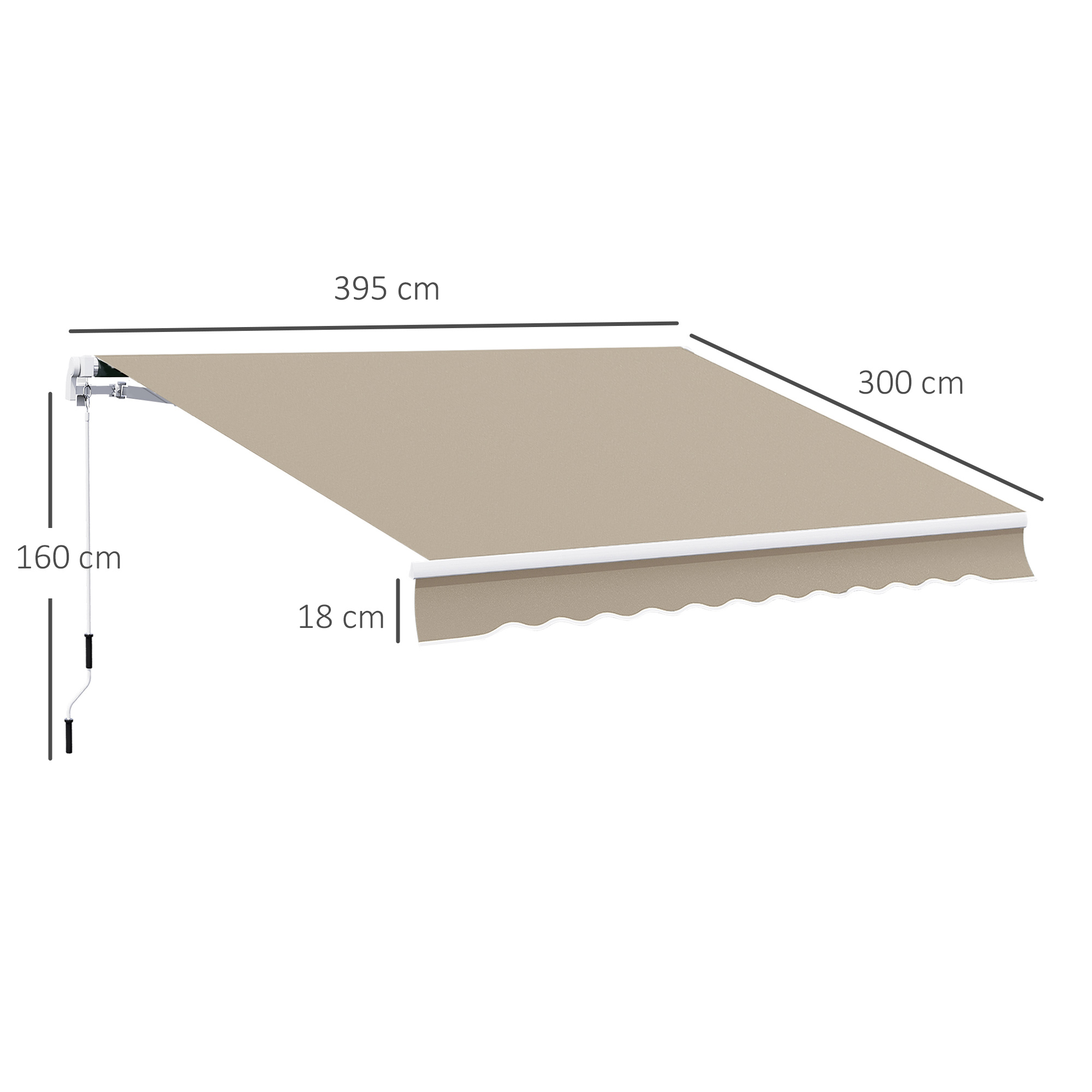 Eine beige Markise mit auf weißem Hintergrund beschrifteten Abmessungen.