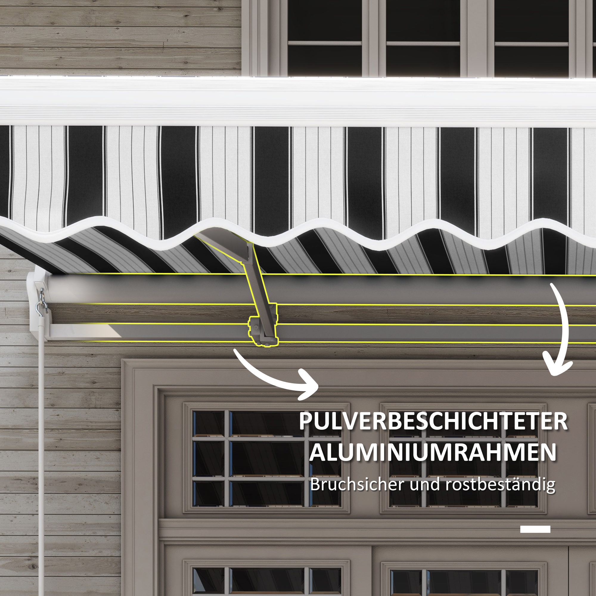 Nahaufnahme einer Markise mit schwarz-weißen Streifen. Text zeigt pulverbeschichteten Aluminiumrahmen, rostbeständig.