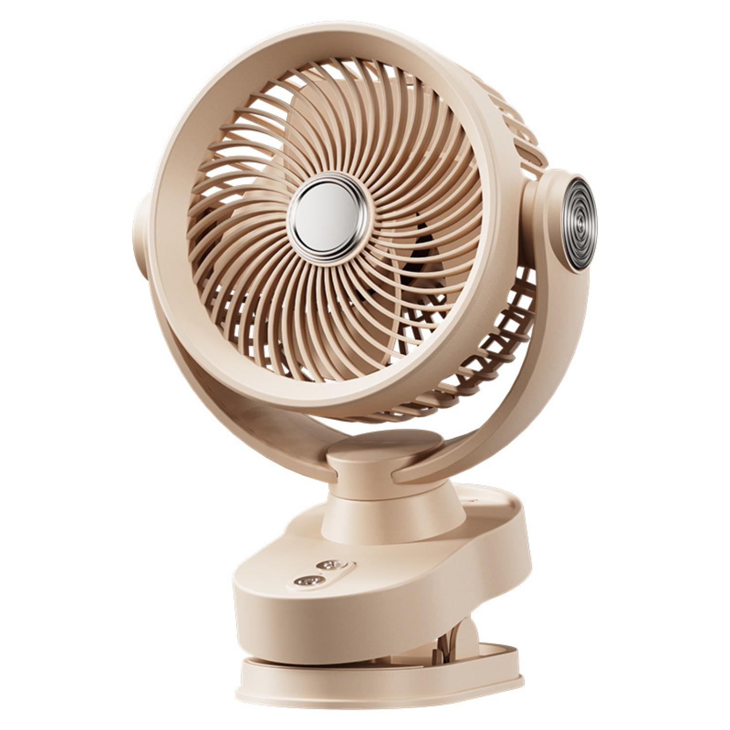 Ein beigefarbener Ventilator mit kreisförmigem Design auf einem Sockel, mit zwei Knöpfen. Der Hintergrund ist eine Holzoberfläche.