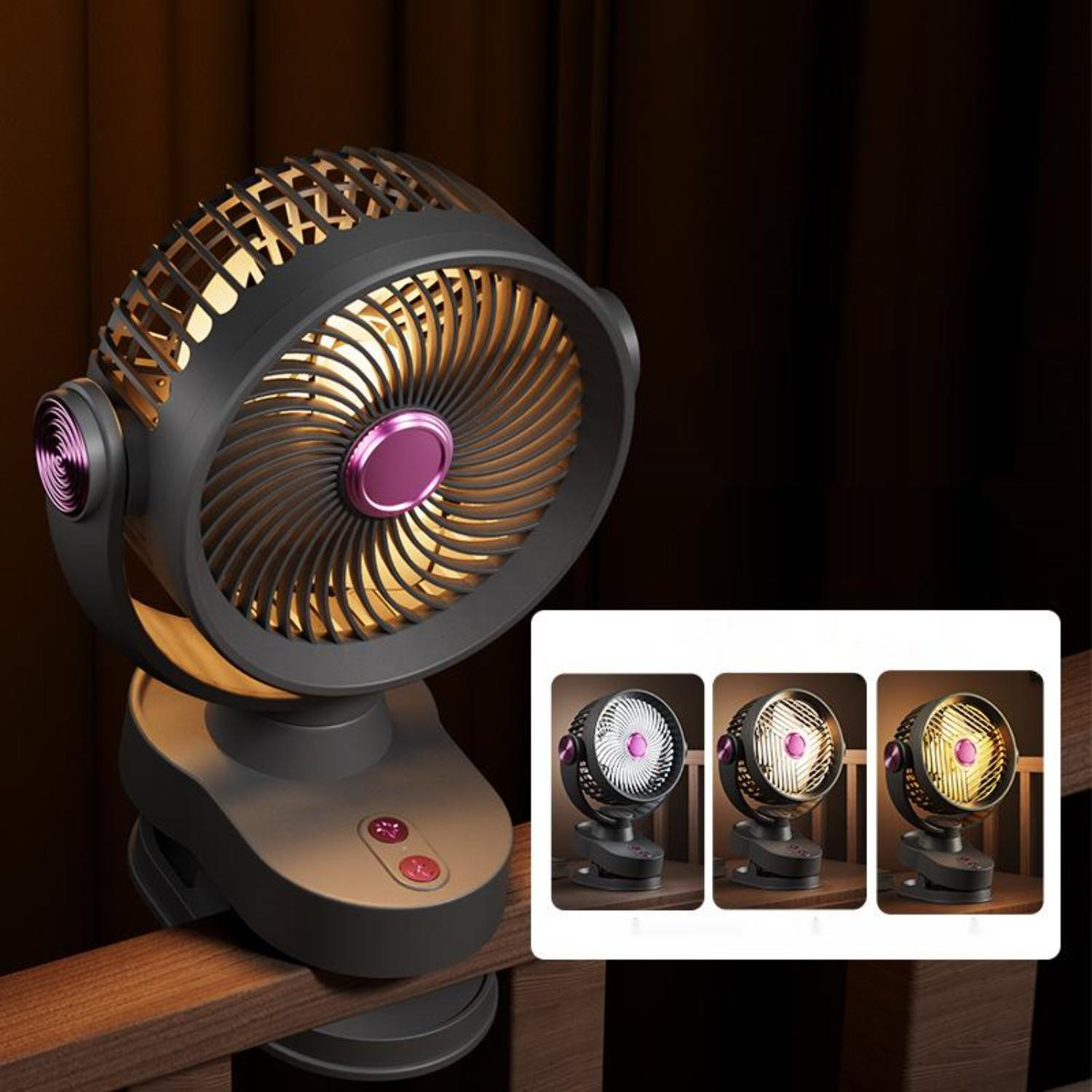 Ein schwarz-grauer Ventilator mit kreisförmigem Design, der auf einem Sockel sitzt. Im Hintergrund sind kleine Ventilatoren zu sehen.