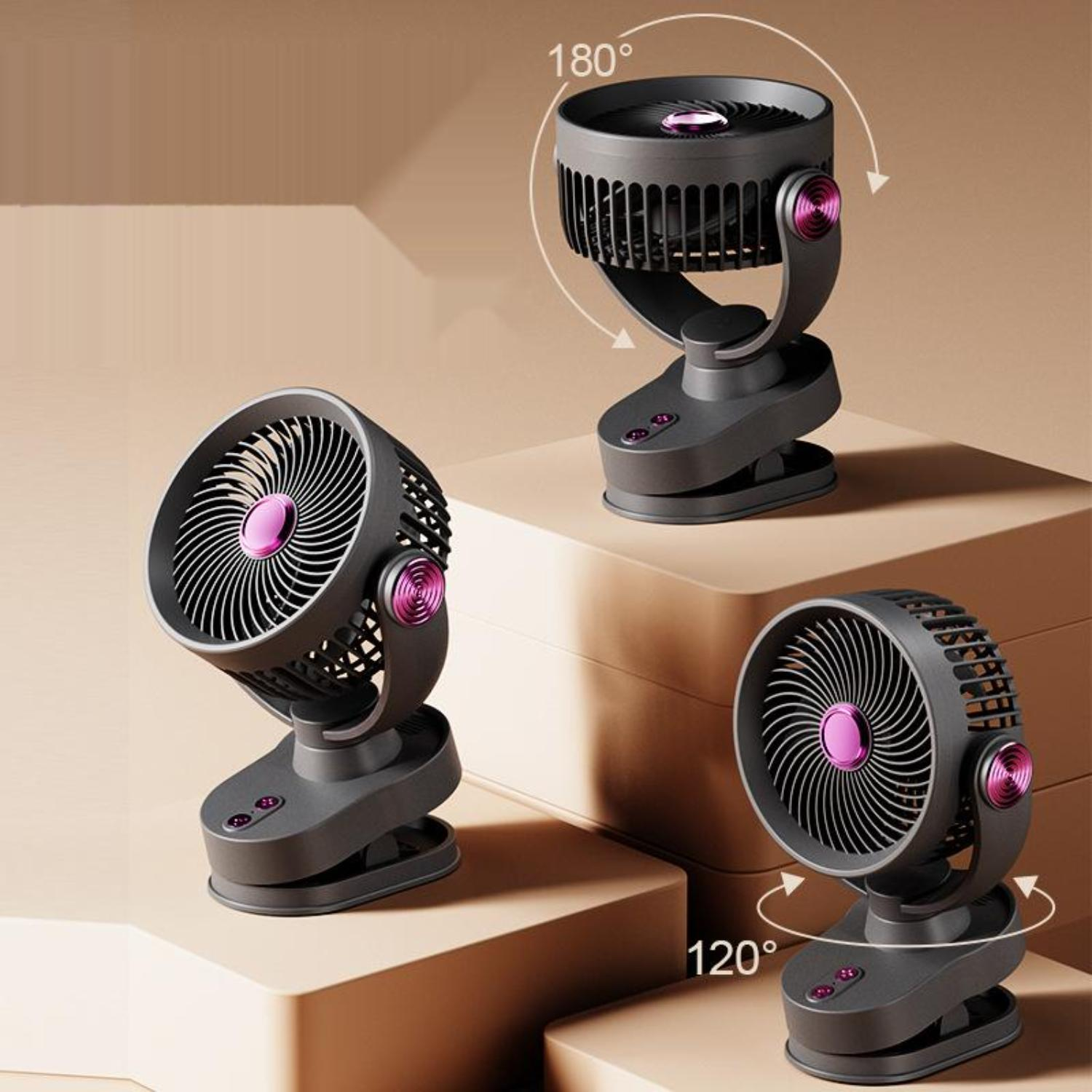 Drei rotierende Ventilatoren mit rosa Akzenten auf neutralem Hintergrund. Verschiedene Winkel: 120 und 180 Grad.