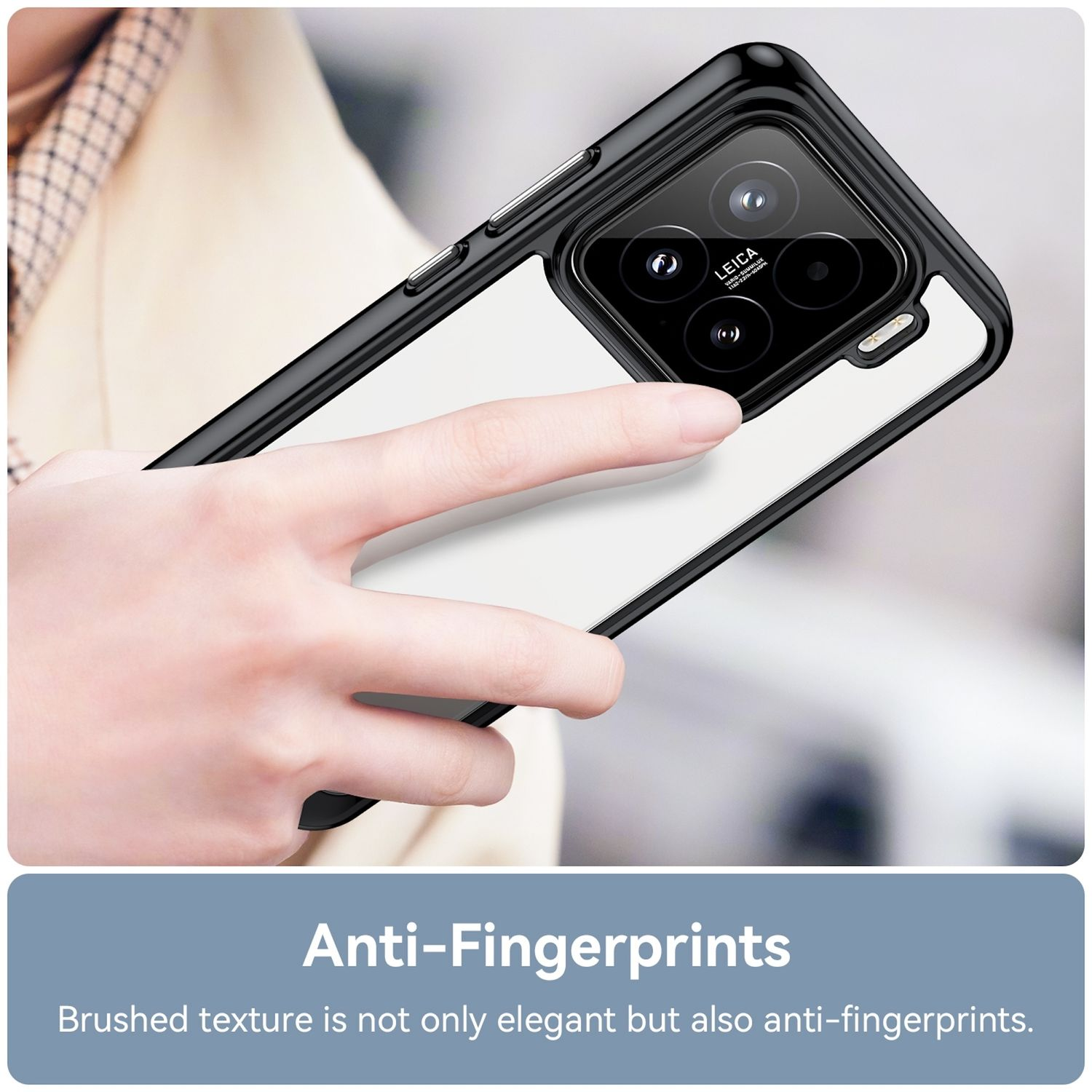 Hand hält ein Telefon mit schwarz-weißem Gehäuse. Text besagt, dass es Anti-Fingerprint mit gebürsteter Textur ist.