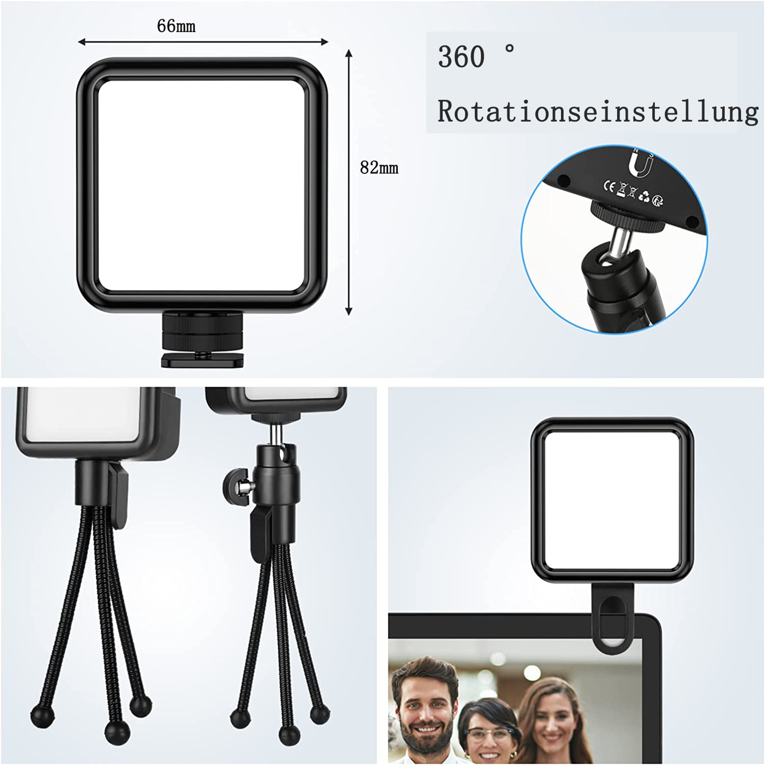 Mehrere Bilder eines quadratischen LED-Lichts mit Stativ. Das Licht befindet sich auf einem Stativ, im Hintergrund eine Person.