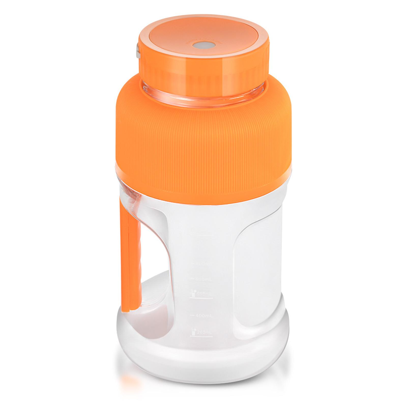 Eine orangefarbene und weiße Wasserflasche mit Griff. Sie hat einen großen orangen Deckel und einen weißen, transparenten Körper.