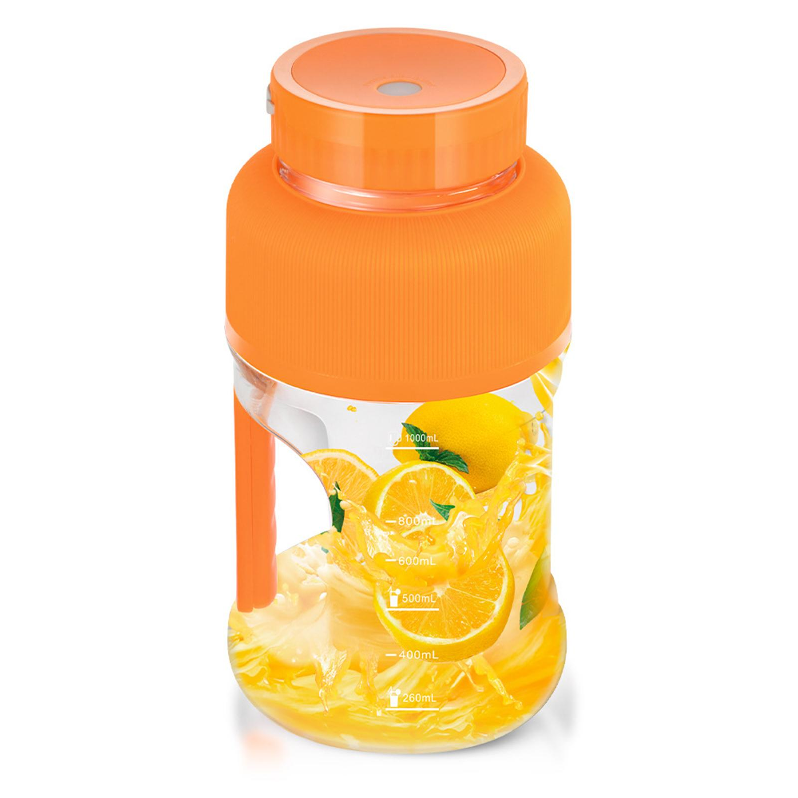 Die Wasserflasche mit Zitronen darin. Sie ist orange und weiß, mit einem Griff und einem transparenten Körper, der Zitronen zeigt.