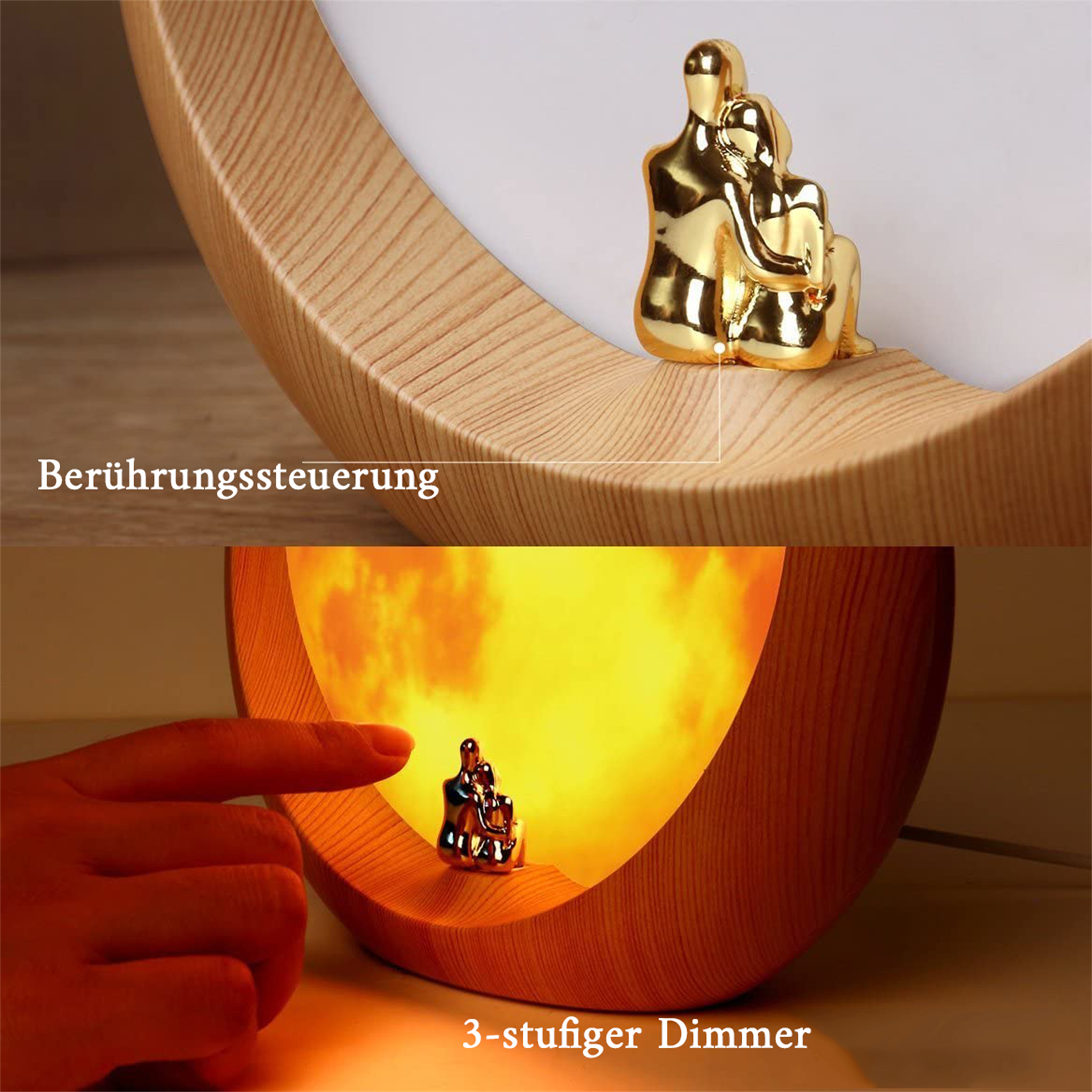 Eine holzgerahmte Lampe mit einer goldenen Figuren. Der Hintergrund zeigt eine Hand, die die Lampe berührt.