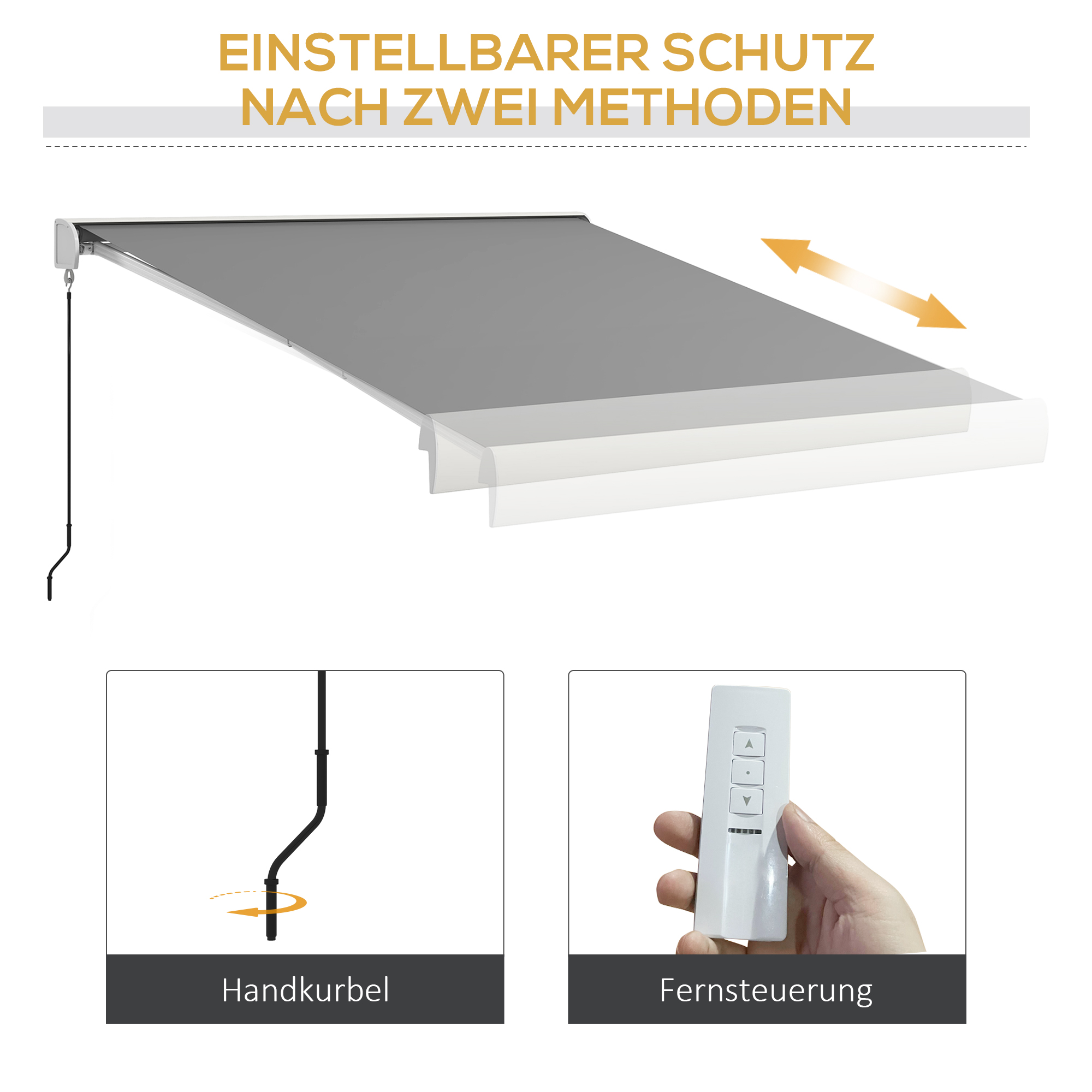 Eine Markise mit zwei Steuerungsmethoden: Handkurbel und Fernbedienung. Der Hintergrund ist weiß.