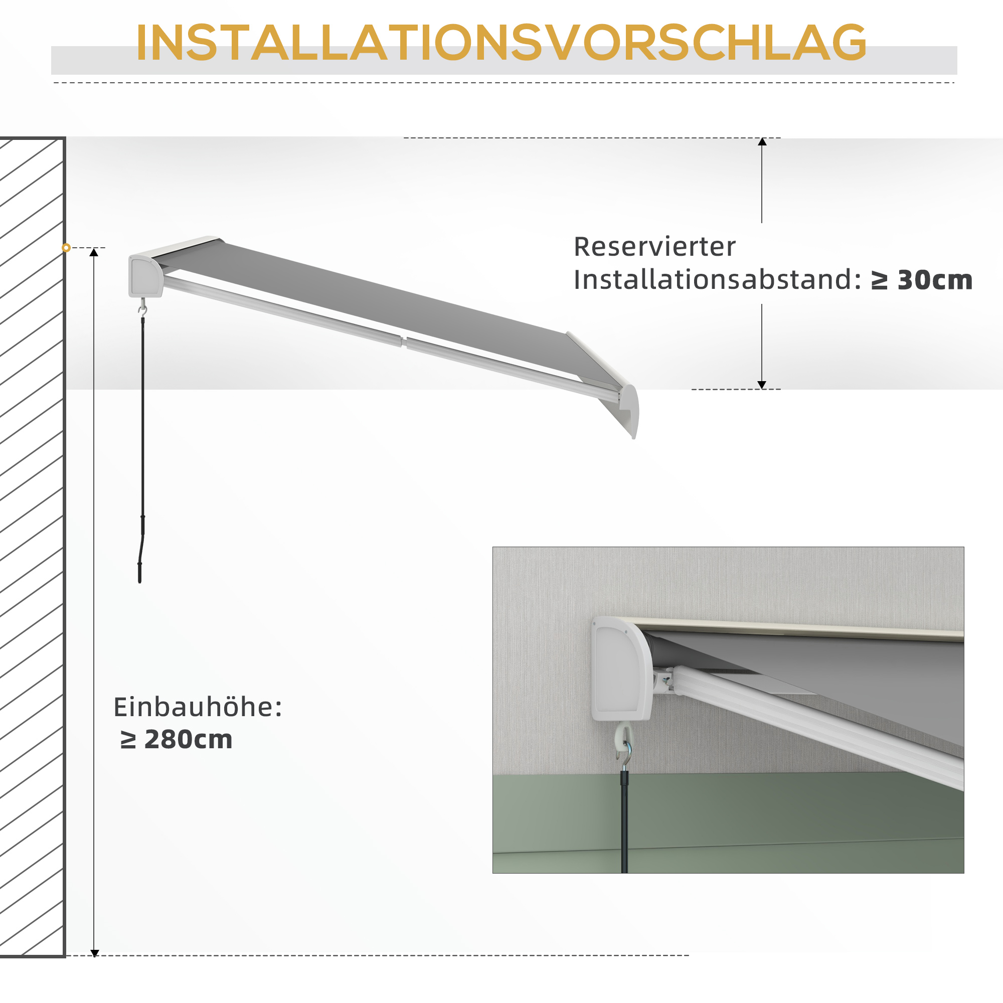 Ein Diagramm zeigt die Markiseninstallation. Es zeigt die Installationshöhe und den Wandabstand.