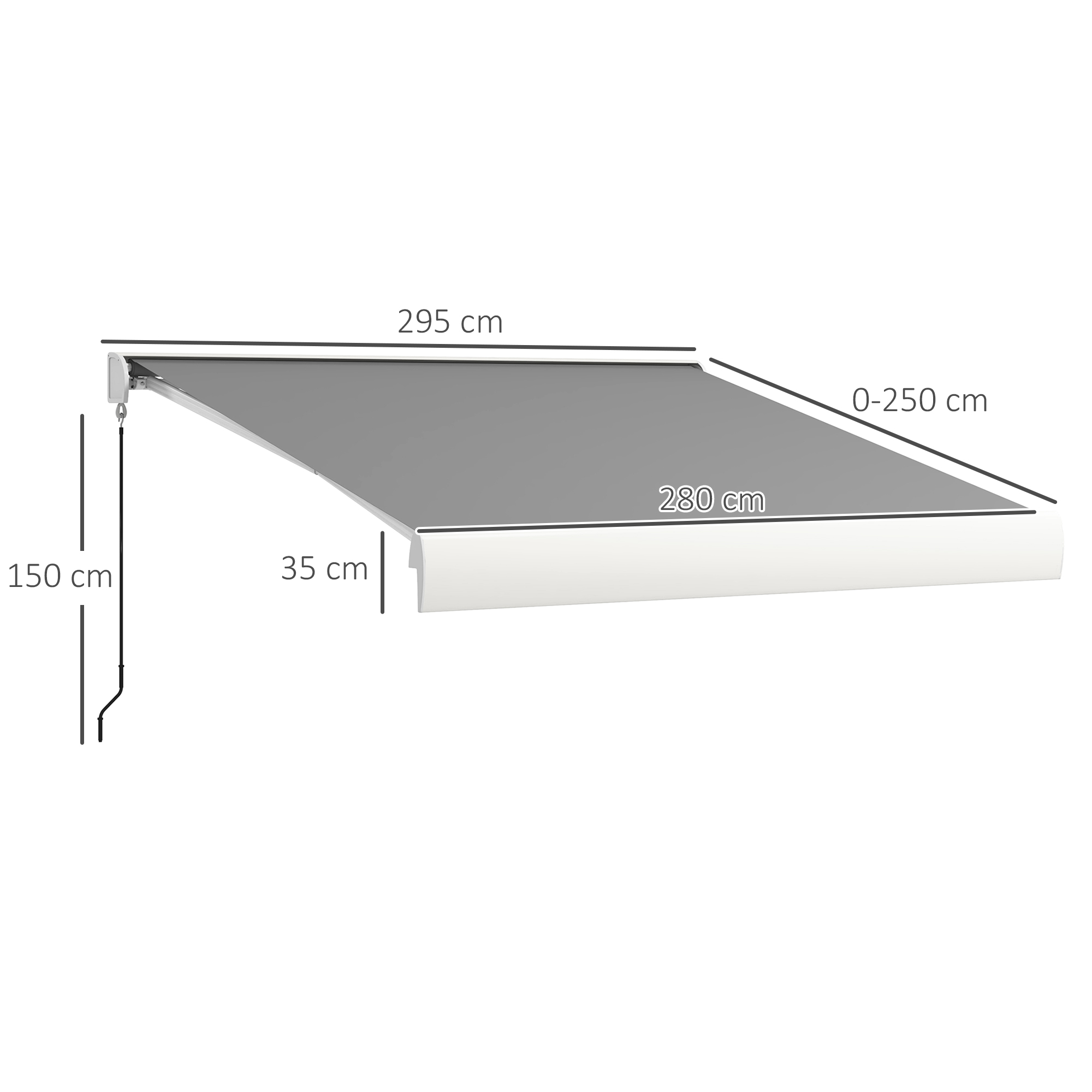 Eine graue Markise mit Maßangaben, die ihre Abmessungen und Designdetails zeigt.