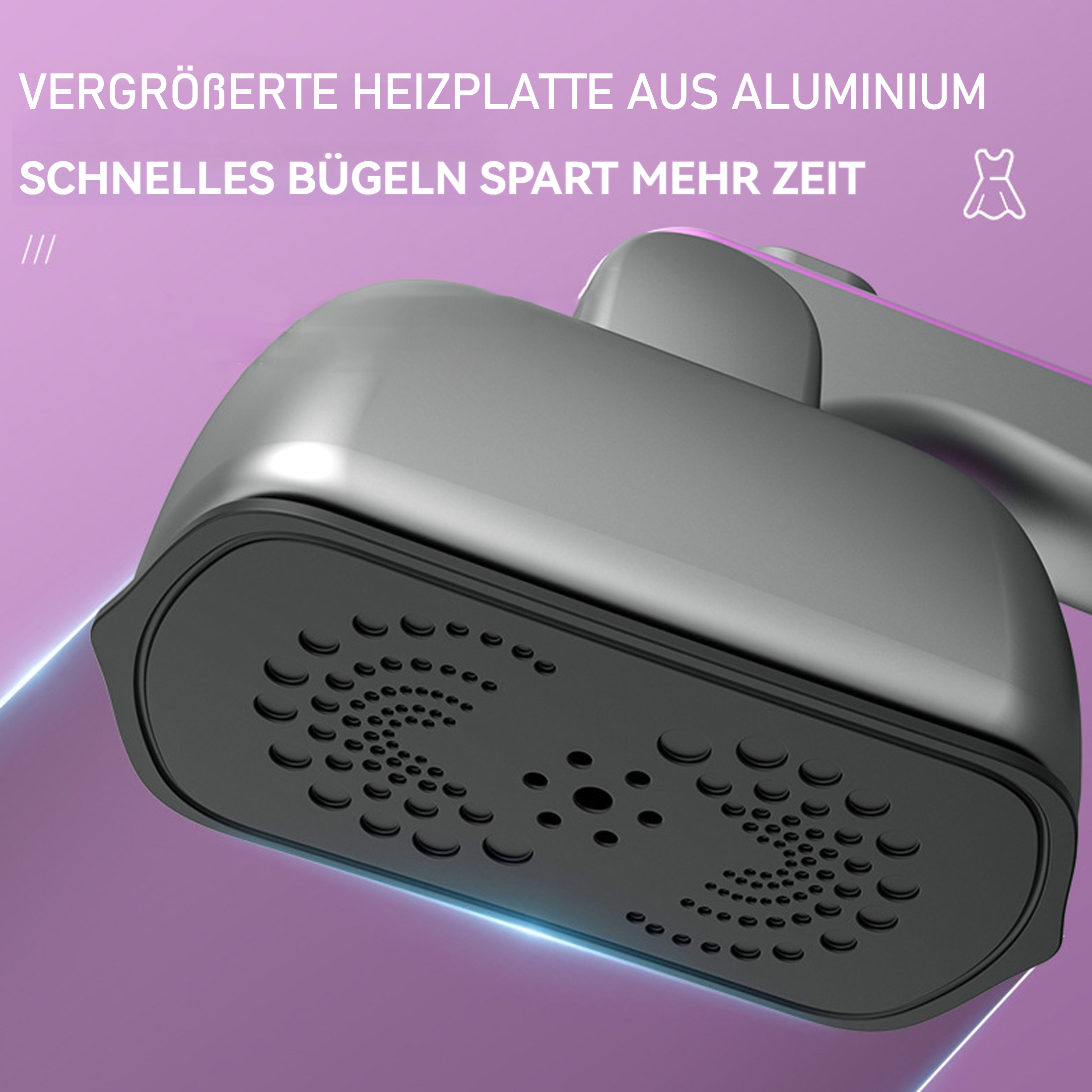 Nahaufnahme eines Kleiderdampfers, die Heizplatte auf Lila zeigend.