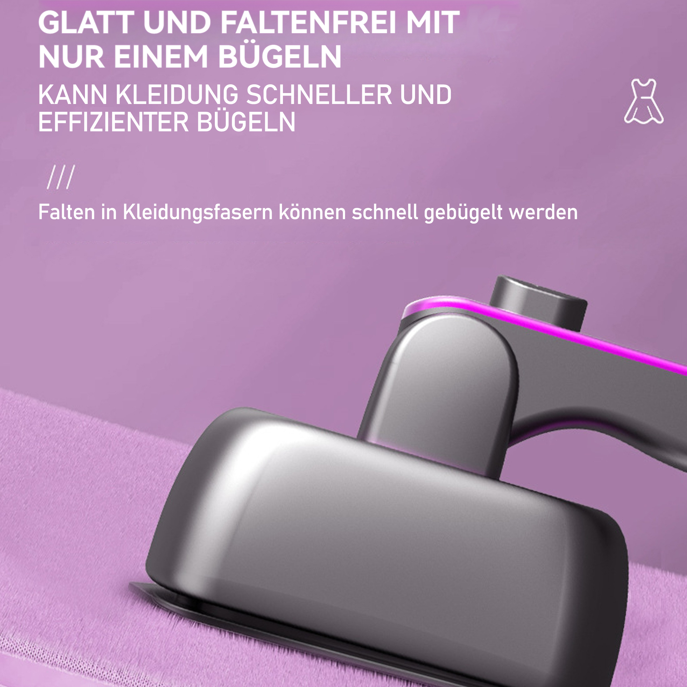 Ein Kleiderdampfer auf lila Stoff, mit Text darüber auf Deutsch.