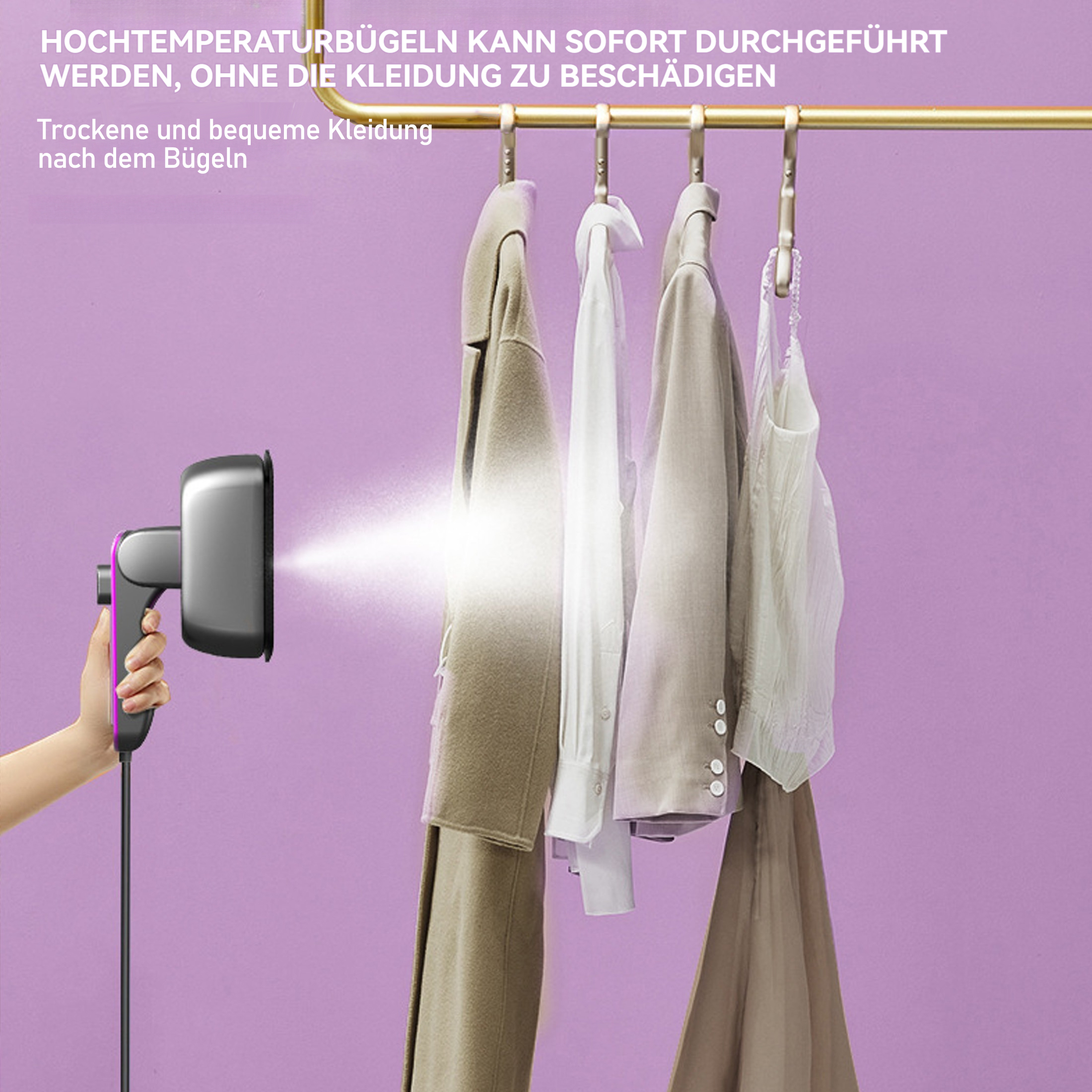 Eine Hand hält einen schwarzen Dampfbügler. Kleidung hängt an einer goldenen Stange. Der Hintergrund ist ein lila Farbverlauf.