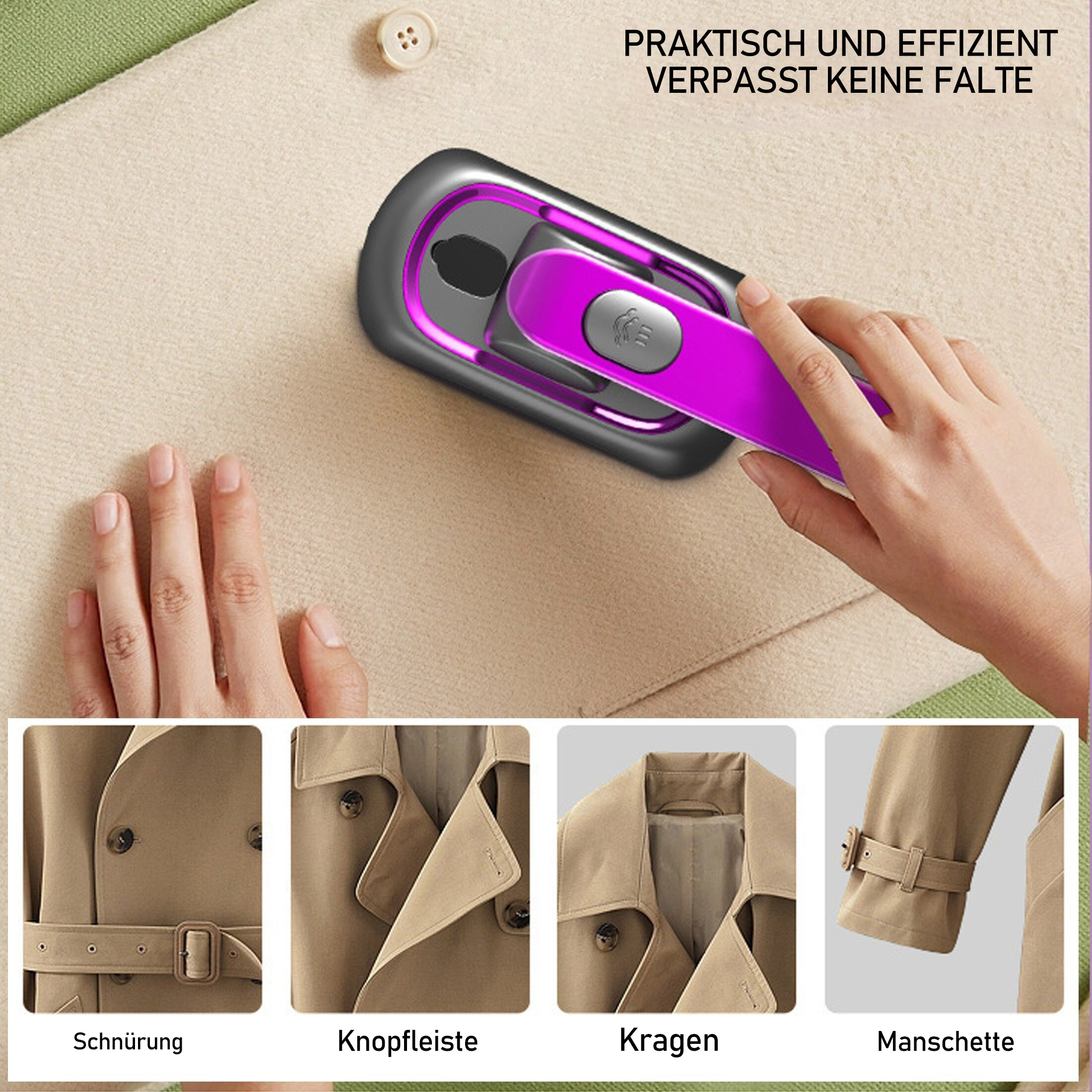Ein Kleiderdampfer auf Stoff, mit Nahaufnahmen von Kleidungsdetails unten.