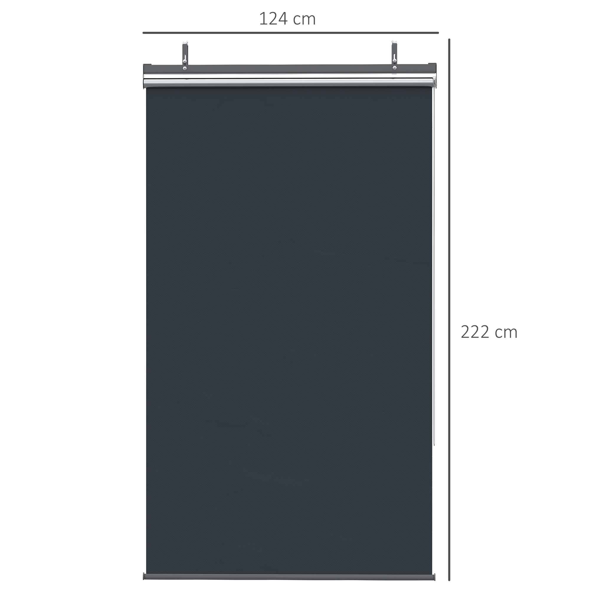 Dunkelgraue Rollos, auf weißem Hintergrund montiert. Abmessungen: 124 cm Breite und 222 cm Höhe.