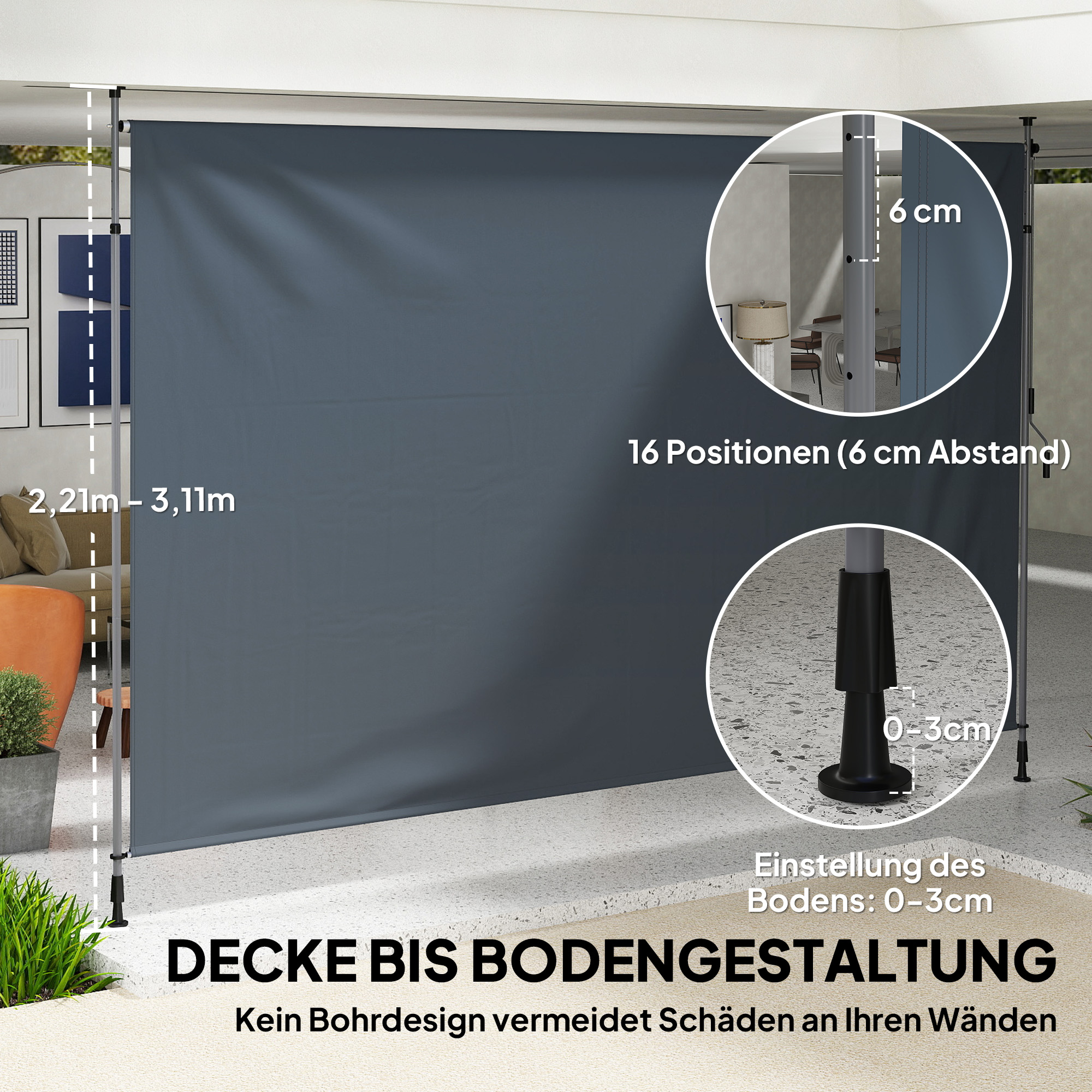 Eine Außenszene mit einem grauen Bildschirm. Abmessungen und eine Basiseinstellung sind auf dem Bildschirm gezeigt.