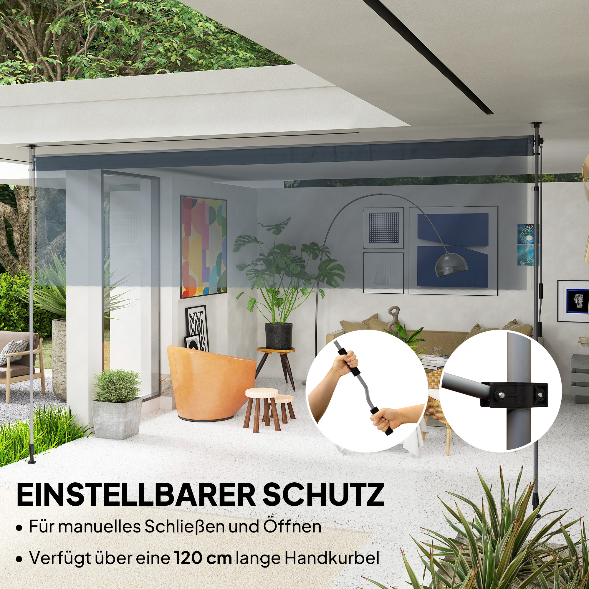 Eine Außenszene mit grauem Bildschirm, Pflanzen und einem Sitzbereich. Text zeigt einstellbaren Schutz mit Handkurbel.