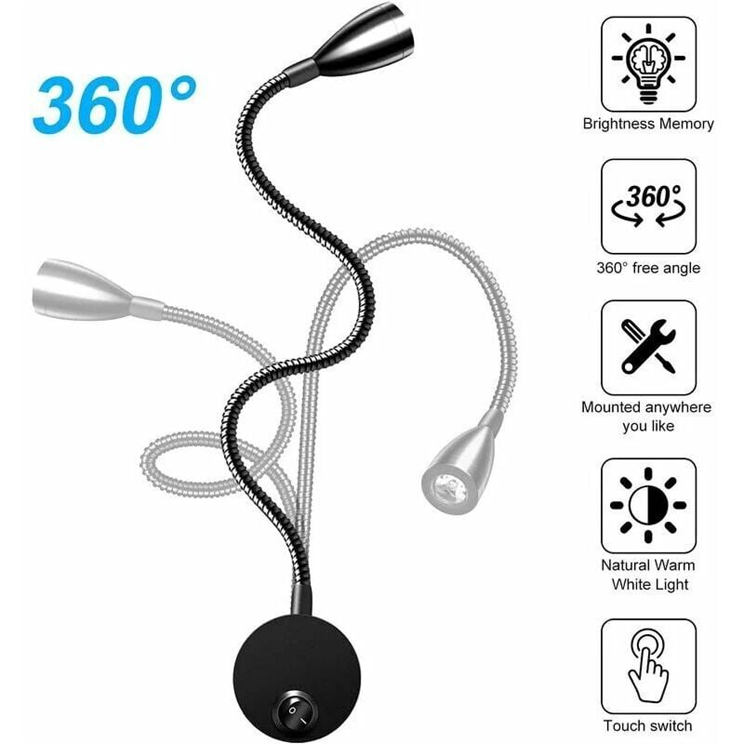 Eine schwarze Lampe mit flexiblem Hals und kleinem Licht, sowie Icons für Funktionen wie Helligkeitsspeicher.