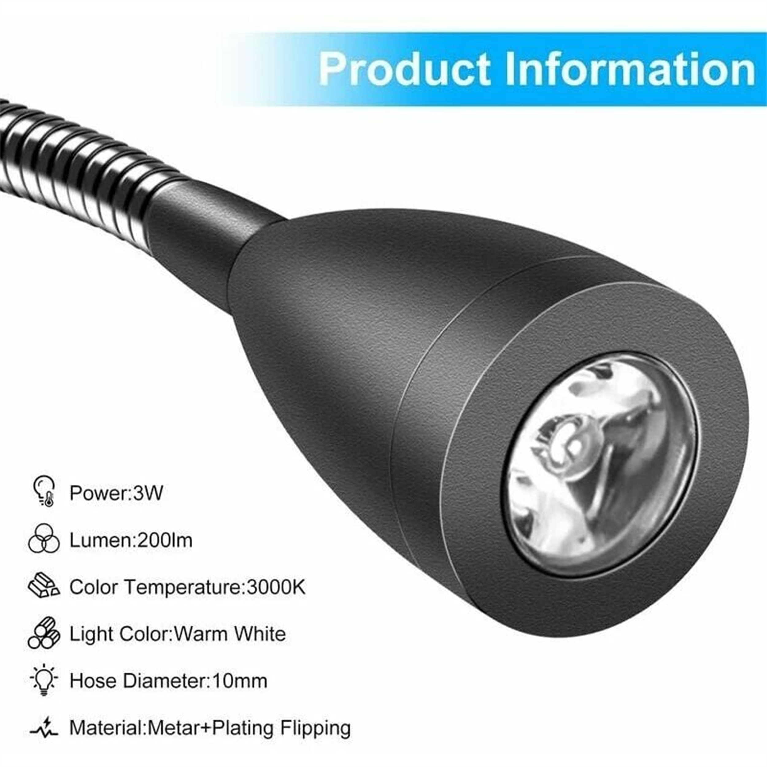 Nahaufnahme eines schwarzen Lampenkopfes, der 3W Leistung, 200lm, warmweißes Licht und 10mm Schlauchdurchmesser zeigt.