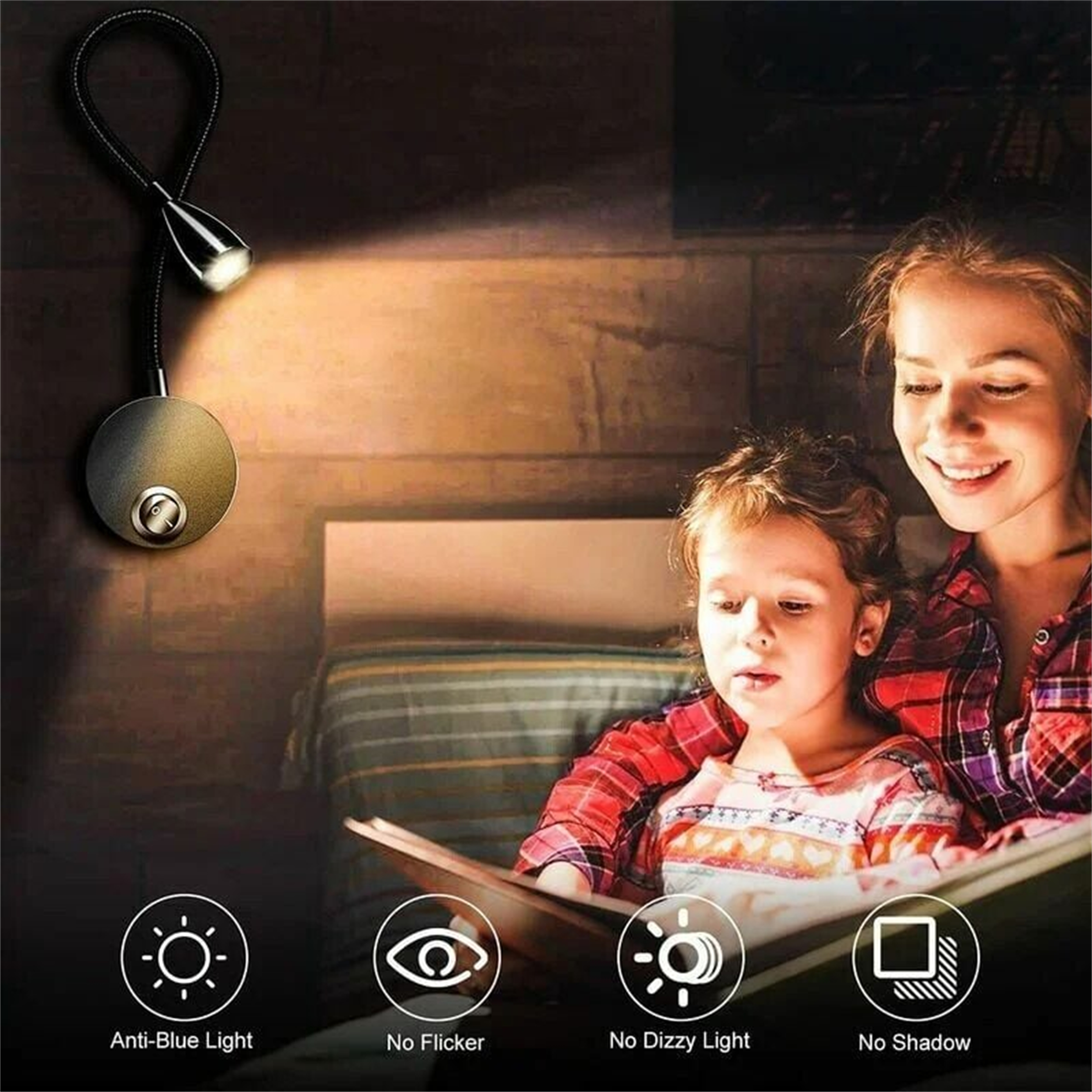 Eine Frau und ein Kind lesen unter einer Lampe. Die Lampe bietet Anti-Blaulicht und kein Flimmern.