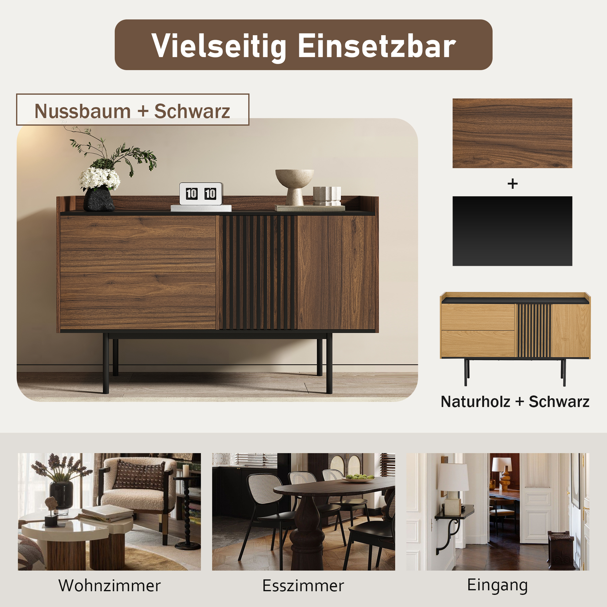 Ein Holzschrank mit Schubladen und Türen. Der Schrank ist braun mit schwarzen Akzenten. Zusätzliche Raumbeispiele.