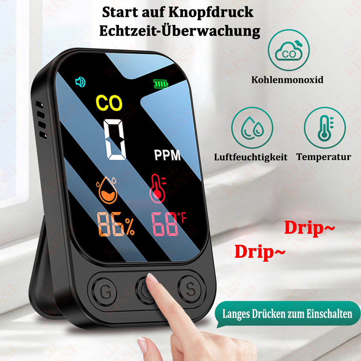 Digitalanzeige mit Informationen, einschließlich CO-Pegel, Luftfeuchtigkeit und Temperaturmesswerte.