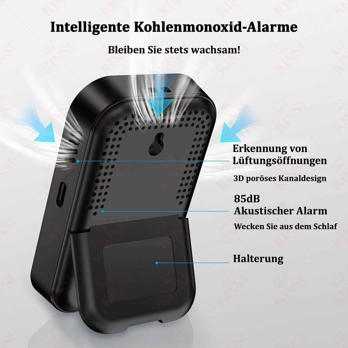 Schwarzer CO-Alarm mit Funktionen. Text auf dem Gerät und Pfeile, die auf die Luftschlitze zeigen. Text beinhaltet 85dB Alarm.