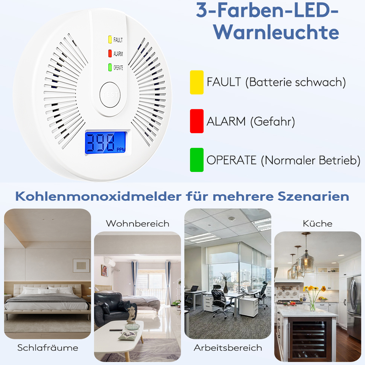 Ein weißer, runder CO-Detektor mit blauem Display. Er hat drei Farbindikatoren: gelb, rot und grün.