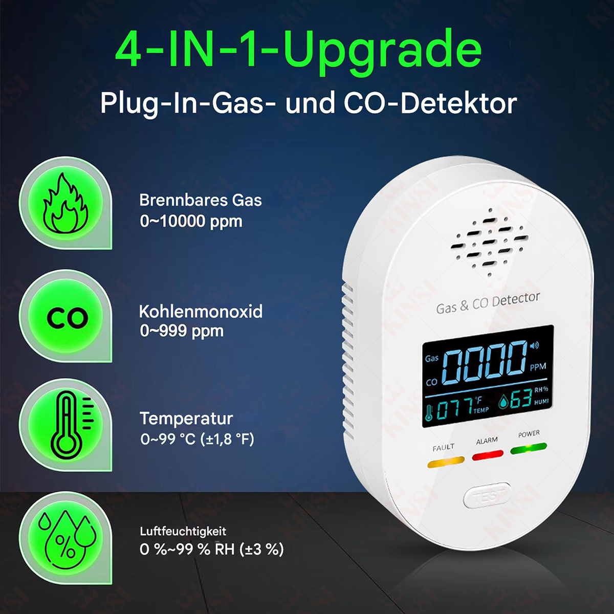 Ein weißer Gas- und CO-Detektor mit einem Display, das Gas-, CO-, Temperatur- und Feuchtigkeitswerte anzeigt.