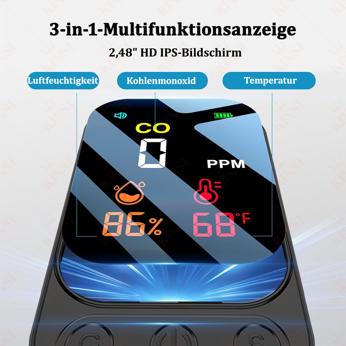 Nahaufnahme eines CO-Detektorbildschirms mit Feuchtigkeit, CO-Pegel und Temperatur. Der Bildschirm ist schwarz.
