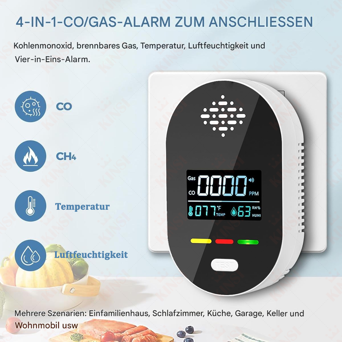 Weißer CO/Gas-Alarm, der in eine Steckdose eingesteckt ist und Messwerte anzeigt. Enthält Symbole für „CO“ und „CH4“.
